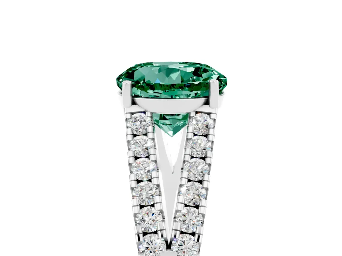 Round Cut Green Sapphire Split Shank Engagement Ring with Round Pavé and Prong Setting Platinum