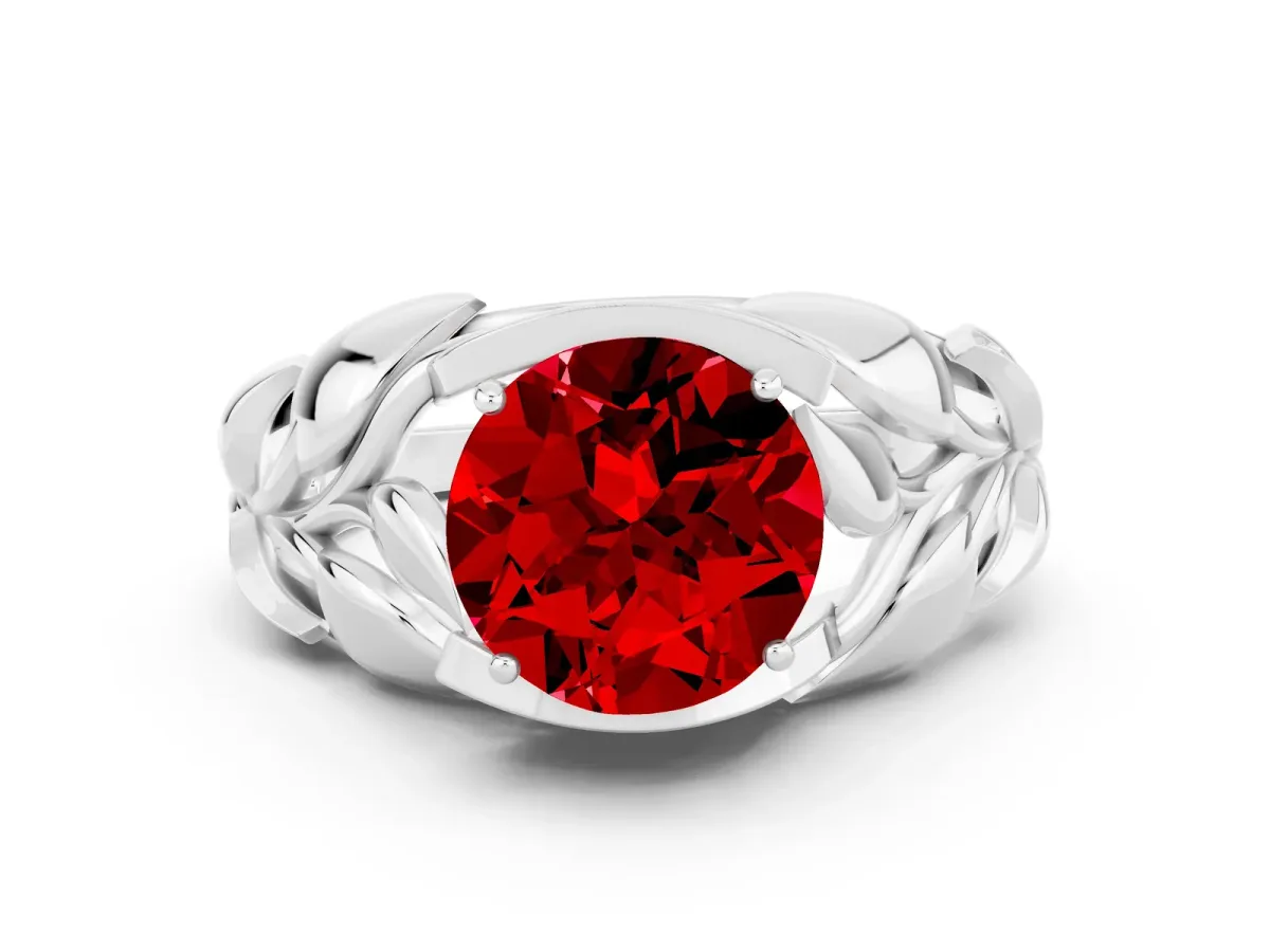 Round Cut Ruby Leaf-Inspired Engagement Ring with Round Accents and Prong Setting Silver