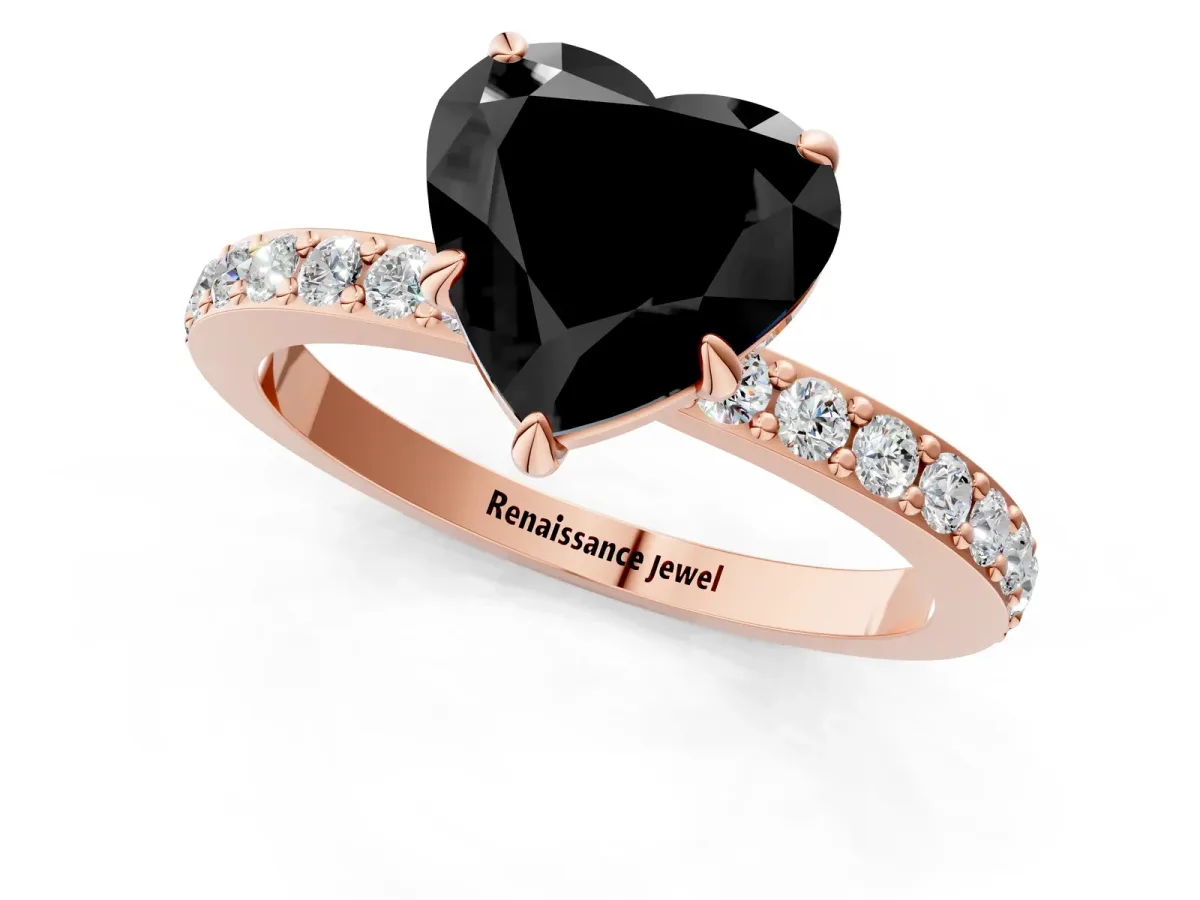 Fancy Black Heart Cut Diamond Solitaire Engagement Ring with Pavé Band and Four-Prong Setting Rose gold