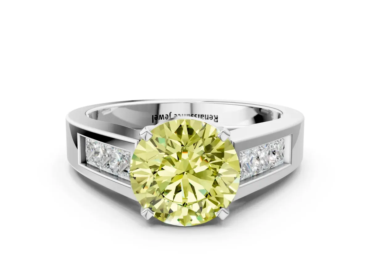 Fancy Yellow Round Cut Cut Channel Set Solitaire Ring with Four-Prong Setting White gold