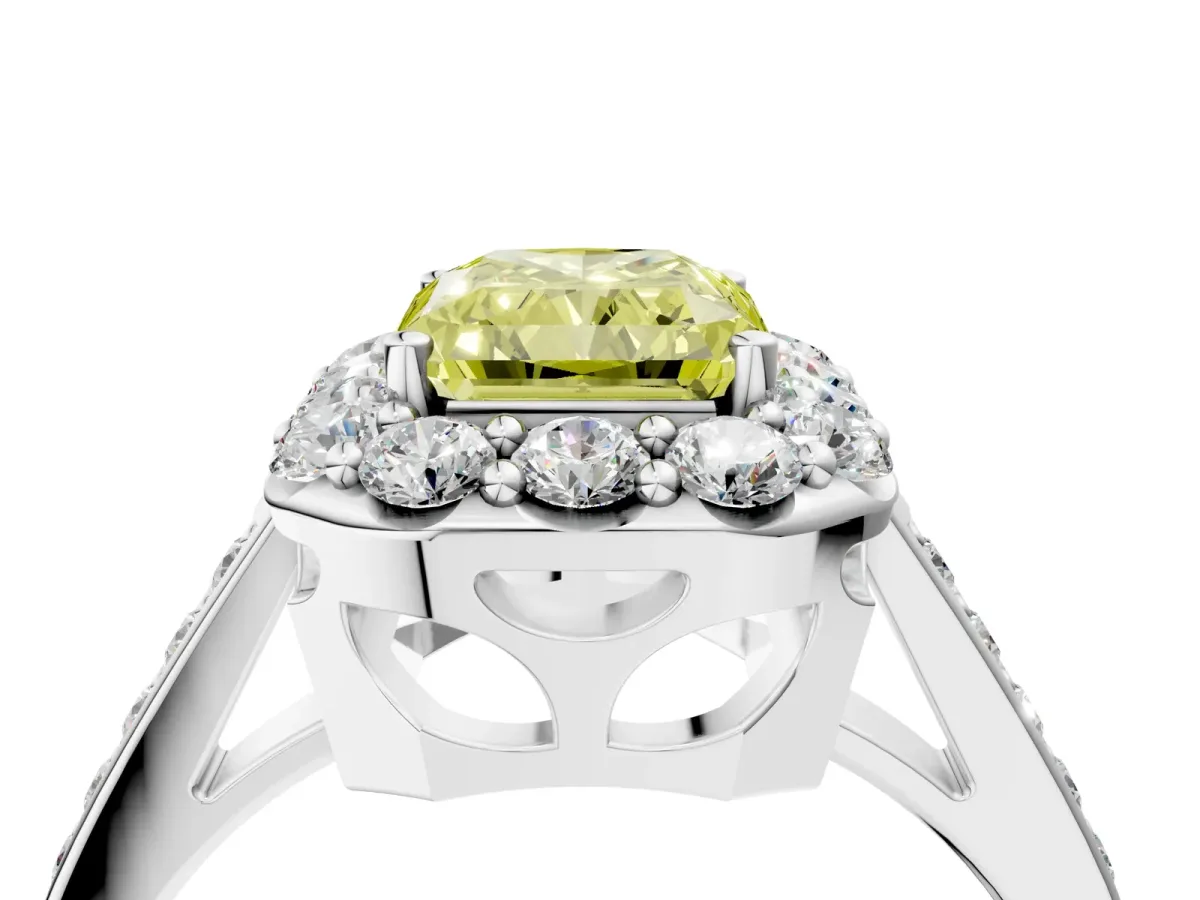 Fancy Yellow Radiant Cut Diamond Floral Halo Ring with Pavé Band and Prong Setting Platinum