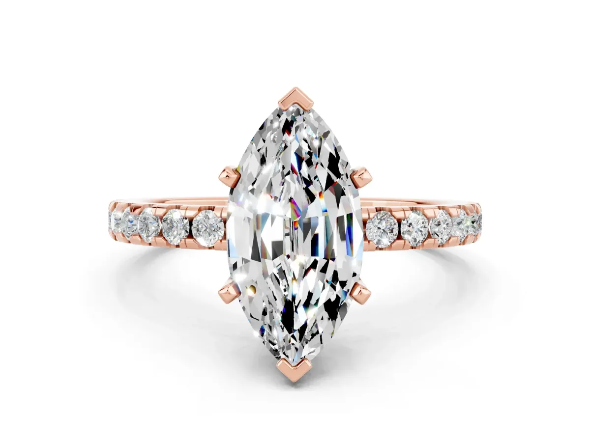 Marquise Cut Moissanite Solitaire Ring with Round Pavé Band and Four-Prong Setting Rose gold