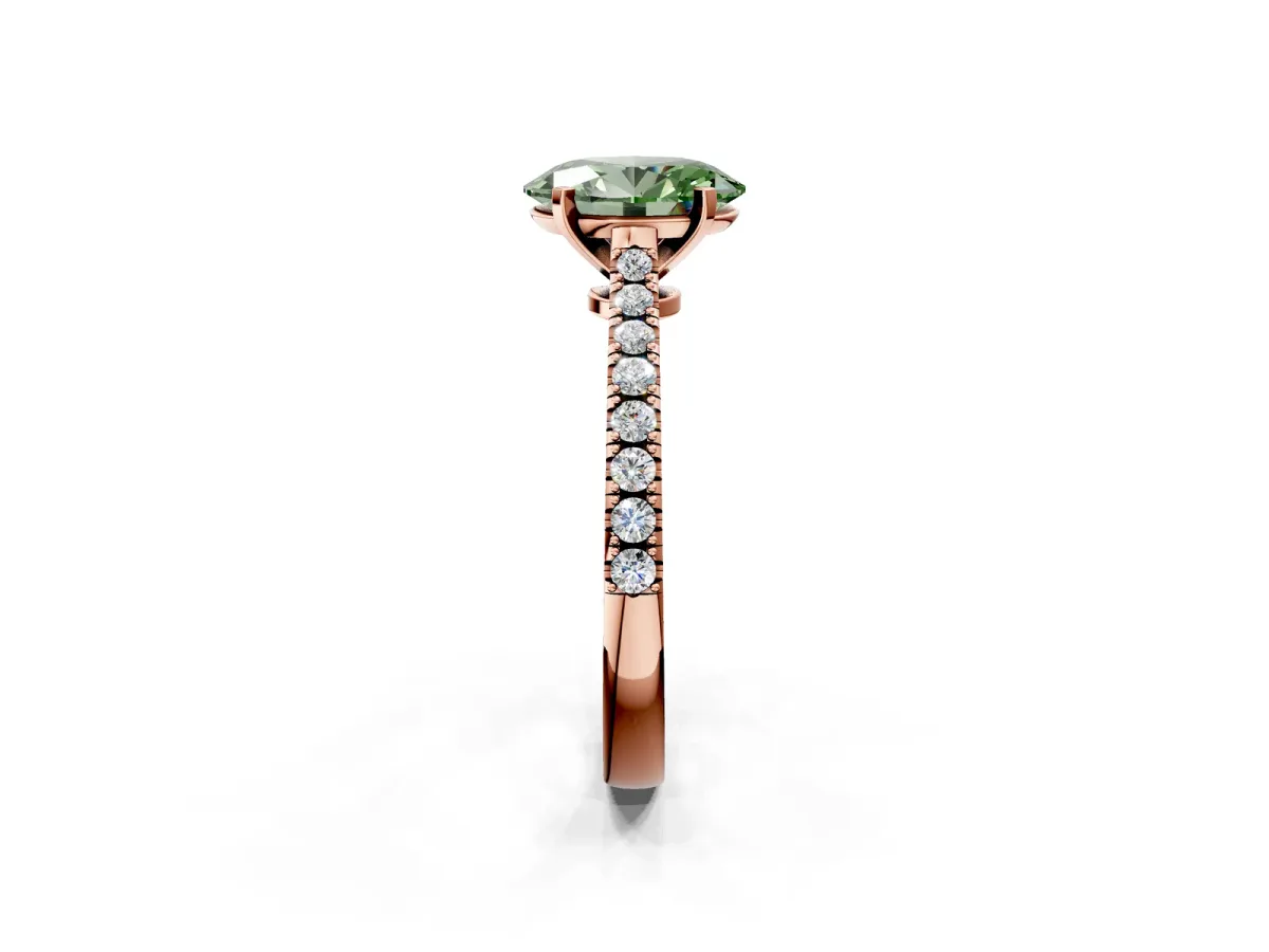Fancy Green Oval Cut Cut Solitaire Diamond Engagement Ring with Pave Band and Four-Prong Setting Rose gold