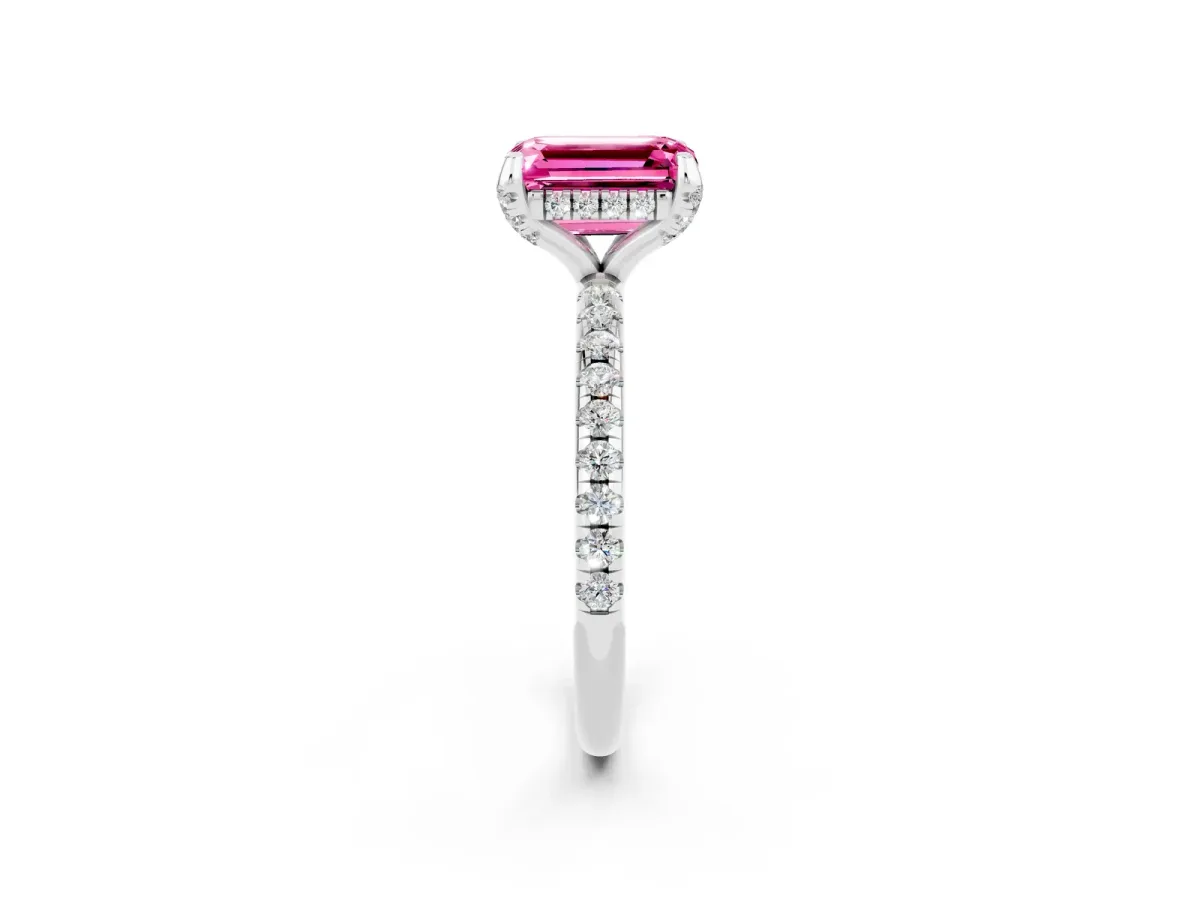 Emerald Cut Pink Sapphire Hidden Halo Engagement Ring with Round Pavé Band and Prong Setting Silver