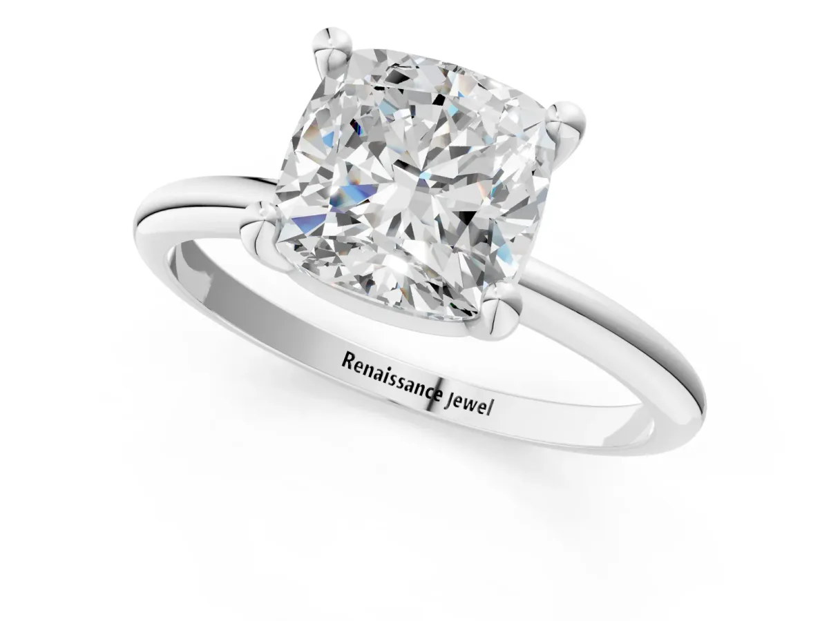Cushion Cut Solitaire Diamond Ring with 4-Prong Setting on a Classic Band Silver