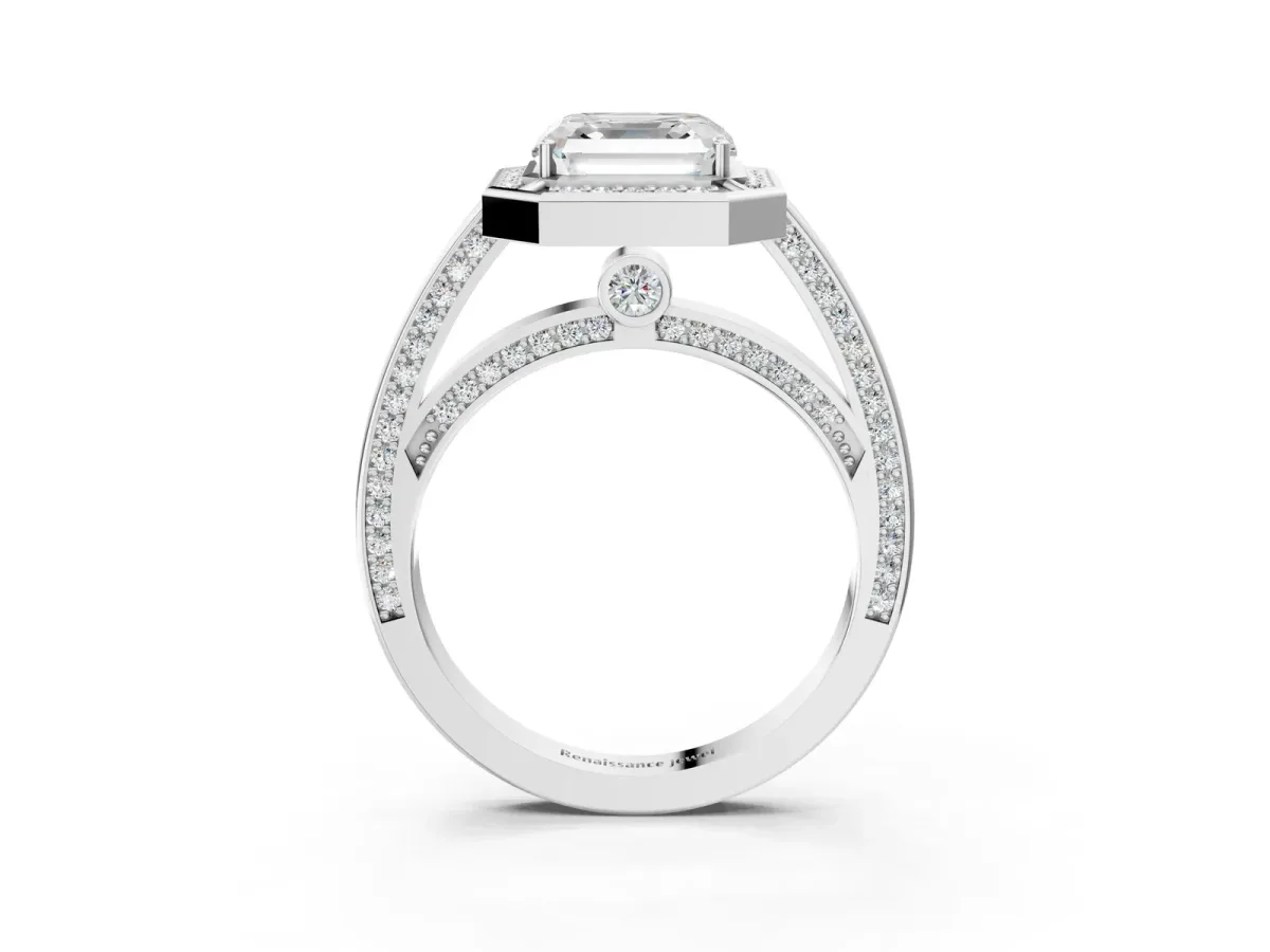 Asscher Cut Cut Halo Pave Split Shank Prong Setting Ring Platinum