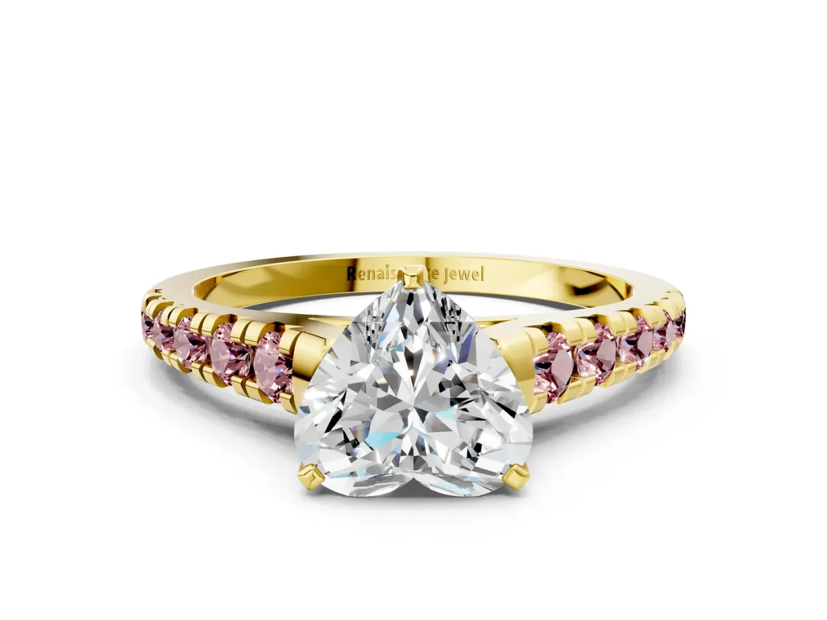 Heart Cut Diamond Cathedral Solitaire Ring with Round Morganite Pavé Band Yellow gold