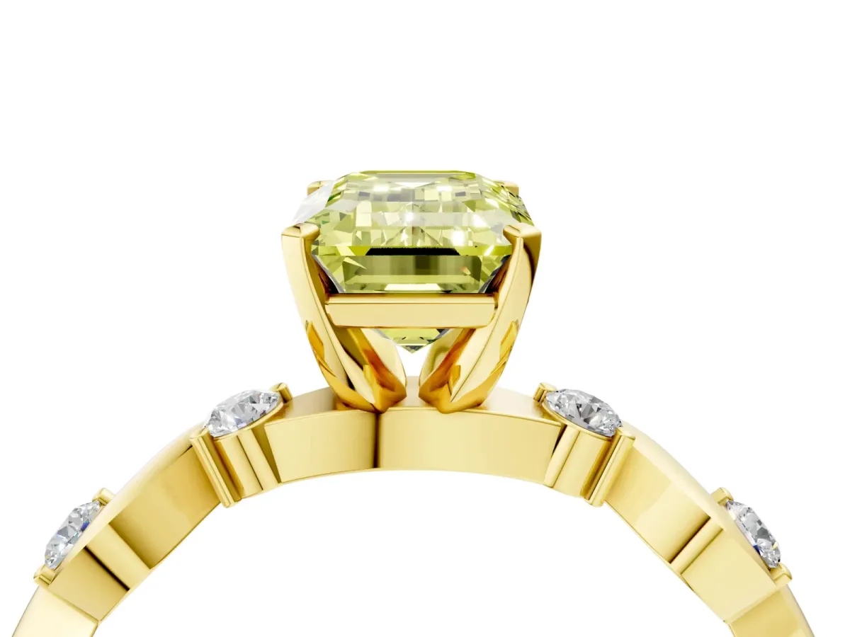 Fancy Yellow Emerald Cut Diamond Solitaire Twisted Band with Round Accents and Prong Setting Yellow gold