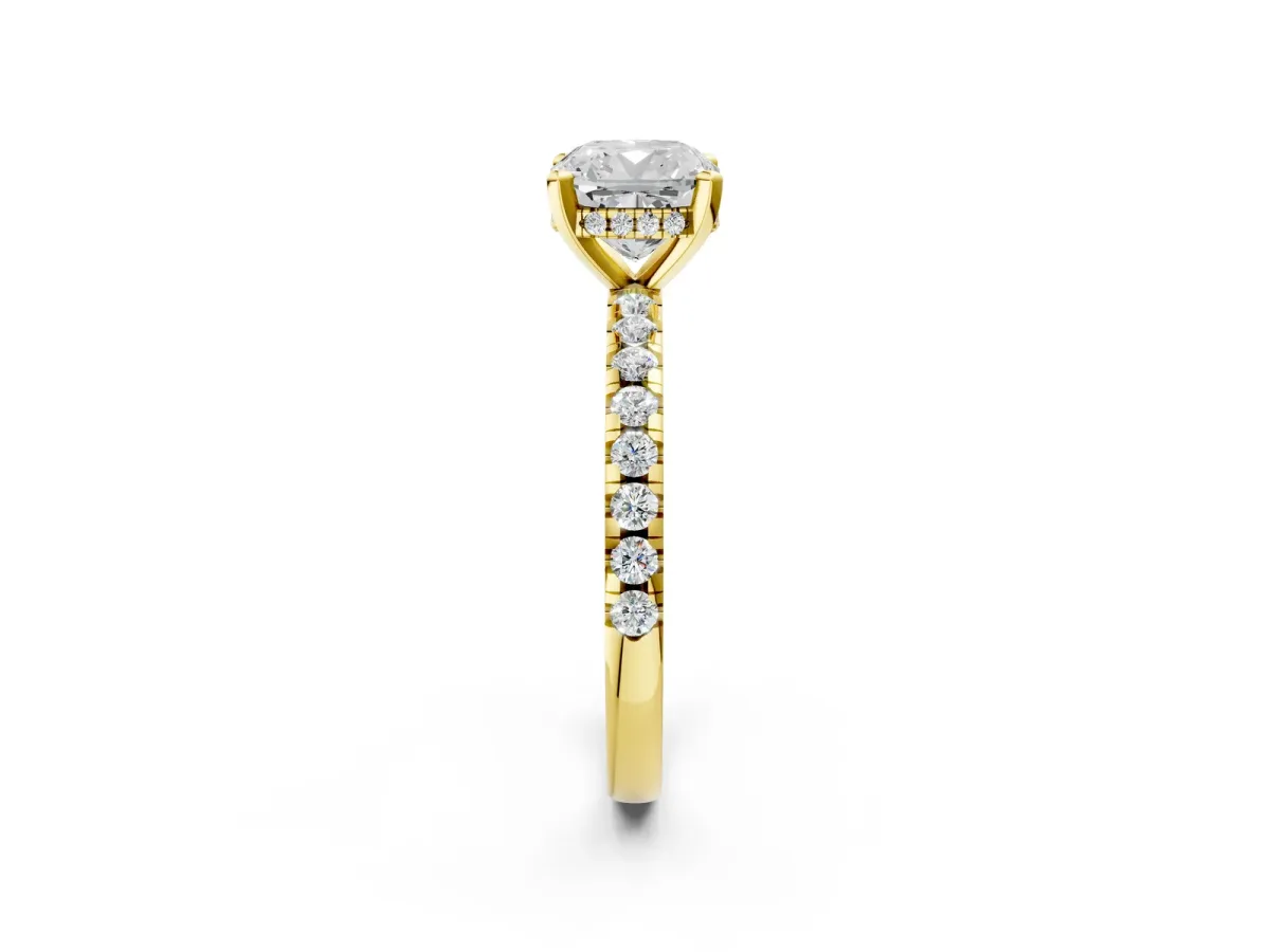 Cushion Cut Diamond Solitaire Ring with Round Moissanite Pavé Band and Four-Prong Setting Yellow gold