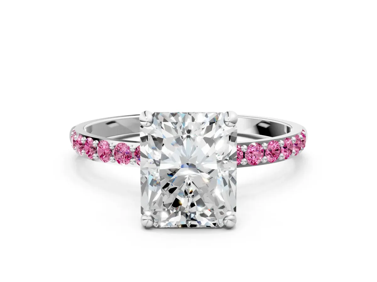 Radiant Cut Diamond Solitaire Ring with Round Pink Sapphire Pavé Band and Prong Setting White gold