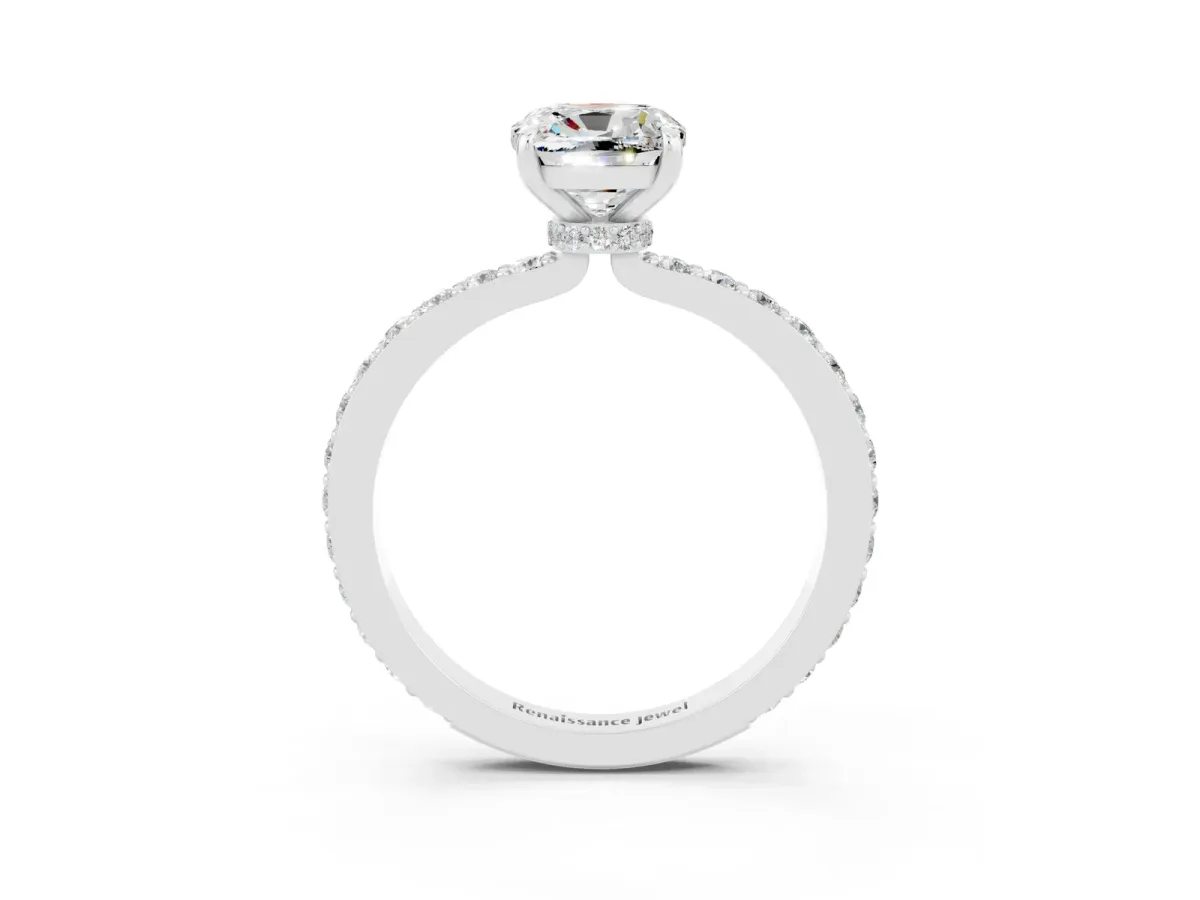 Cushion Cut Moissanite Solitaire Engagement Ring with Pavé Band and Four-Prong Setting White gold
