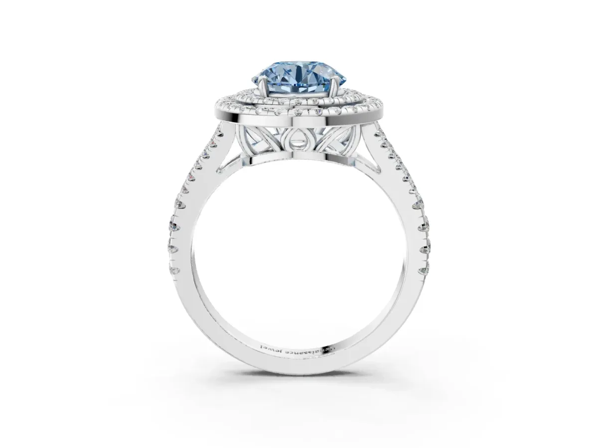 Fancy Blue Round Cut Diamond Double Halo Ring with Pavé Band and Prong Setting Silver