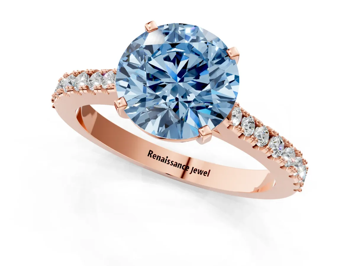 Fancy Blue Asscher Cut Cut Solitaire Diamond Engagement Ring with Pave Band and Four-Prong Setting Rose gold