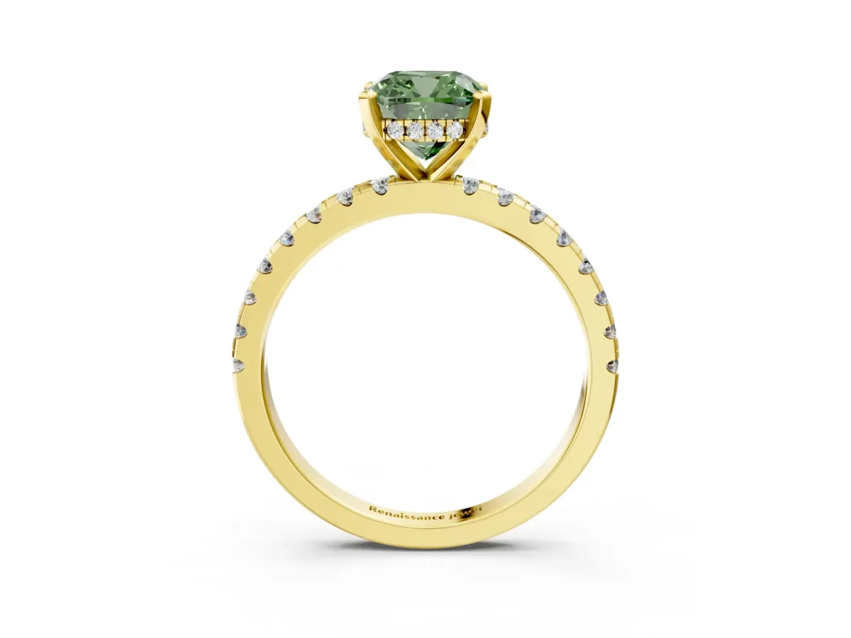 Fancy Green Cushion Cut Diamond Solitaire Ring with Round Pavé Band and Four-Prong Setting Yellow gold