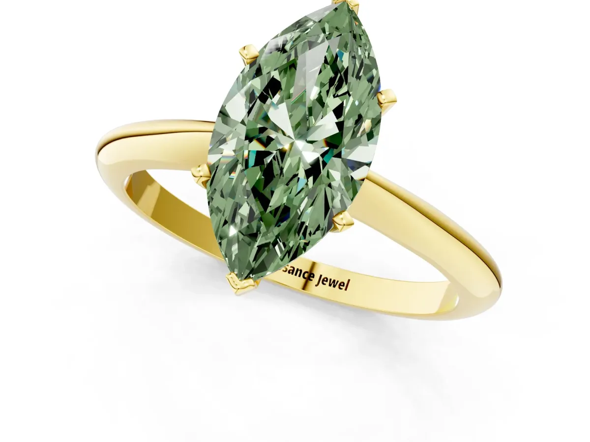 Fancy Green Marquise Cut Diamond Solitaire Engagement Ring with Classic Band and Four-Prong Setting Yellow gold