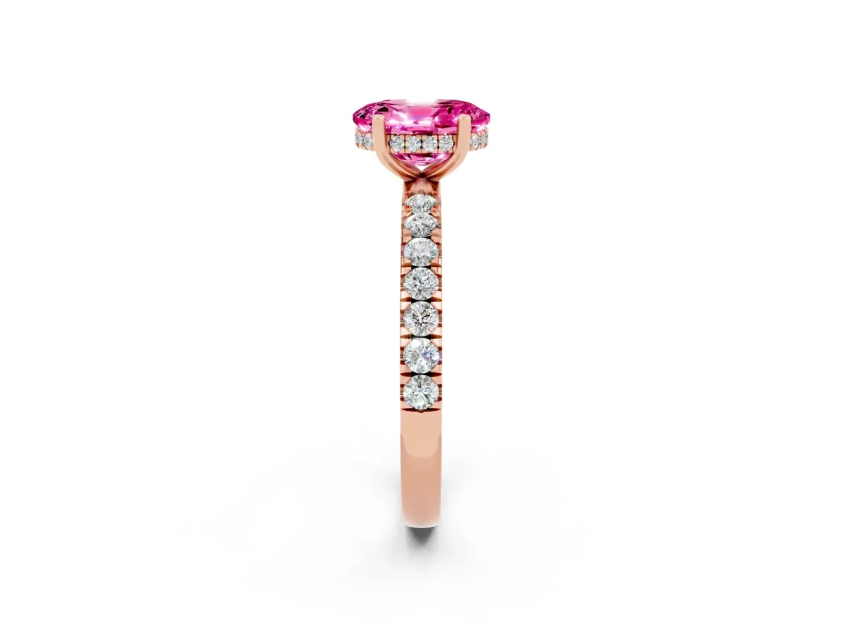 Oval Cut Pink Sapphire Pave Band Solitaire Ring with Round and Prong Setting Rose gold