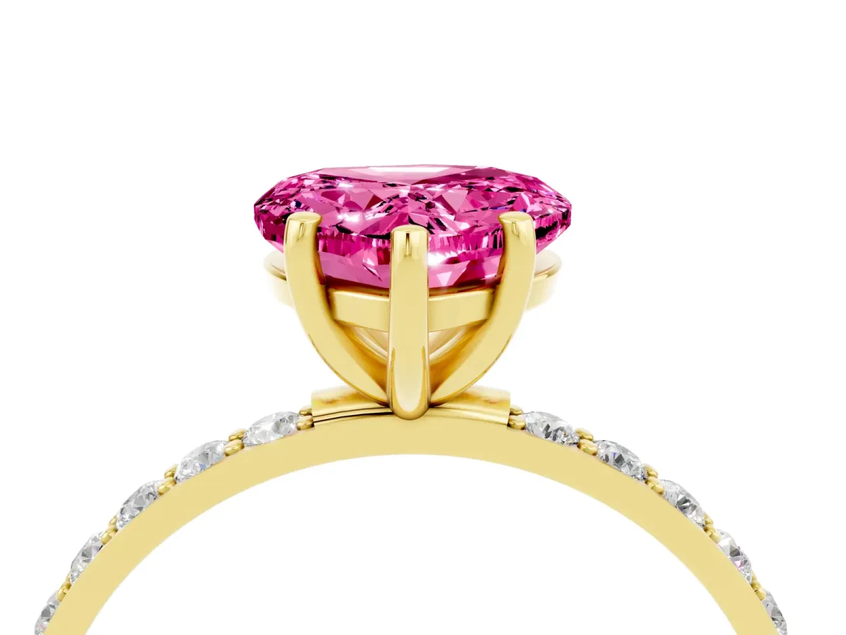 Heart Cut Pink Sapphire Solitaire Ring with Round Pavé Band and Prong Setting Yellow gold