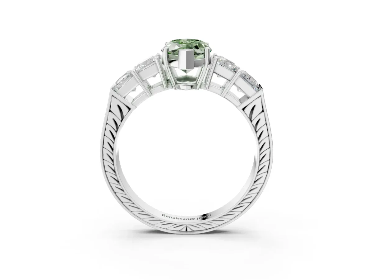 Fancy Green Marquise Cut Solitaire Princess Side Stone Engraved Band Prong Setting Ring Platinum