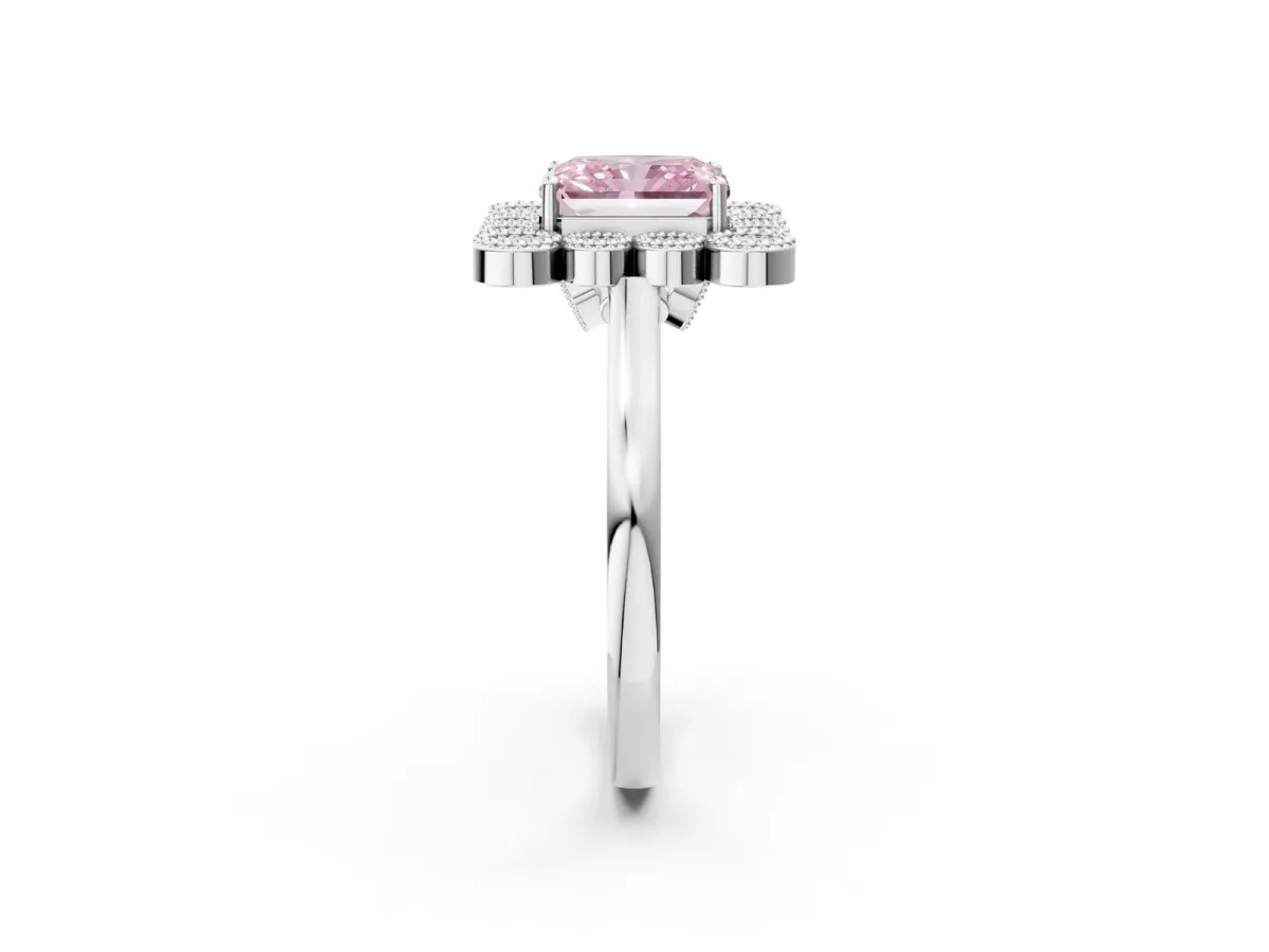 Fancy Pink Radiant Cut Halo Diamond Cluster Engagement Ring with Milgrain Bezel Setting and Solitaire Band Platinum
