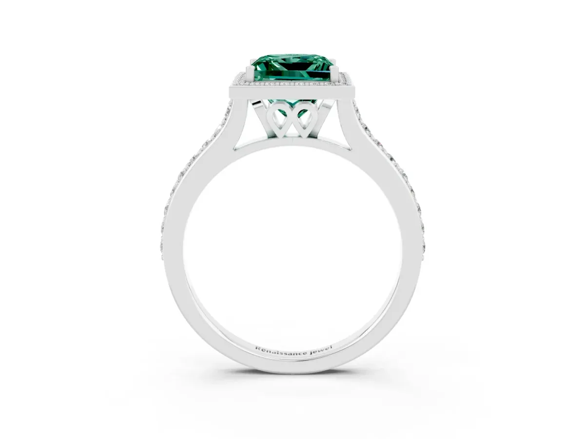 Princess Cut Green Sapphire Halo Engagement Ring with Round Pavé Shoulders and Prong Setting Silver