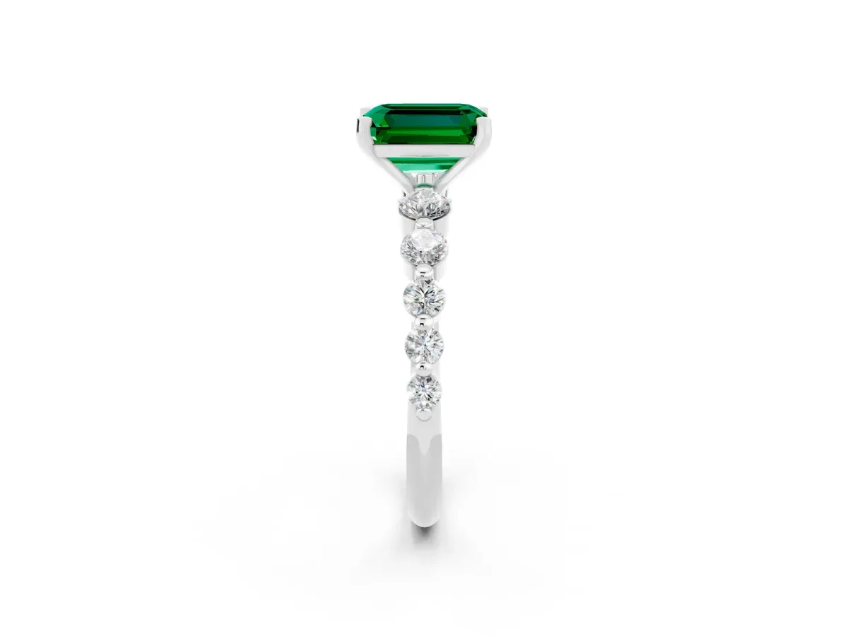 Emerald Cut Solitaire Emerald Ring with Pave Band and Four-Prong Setting White gold