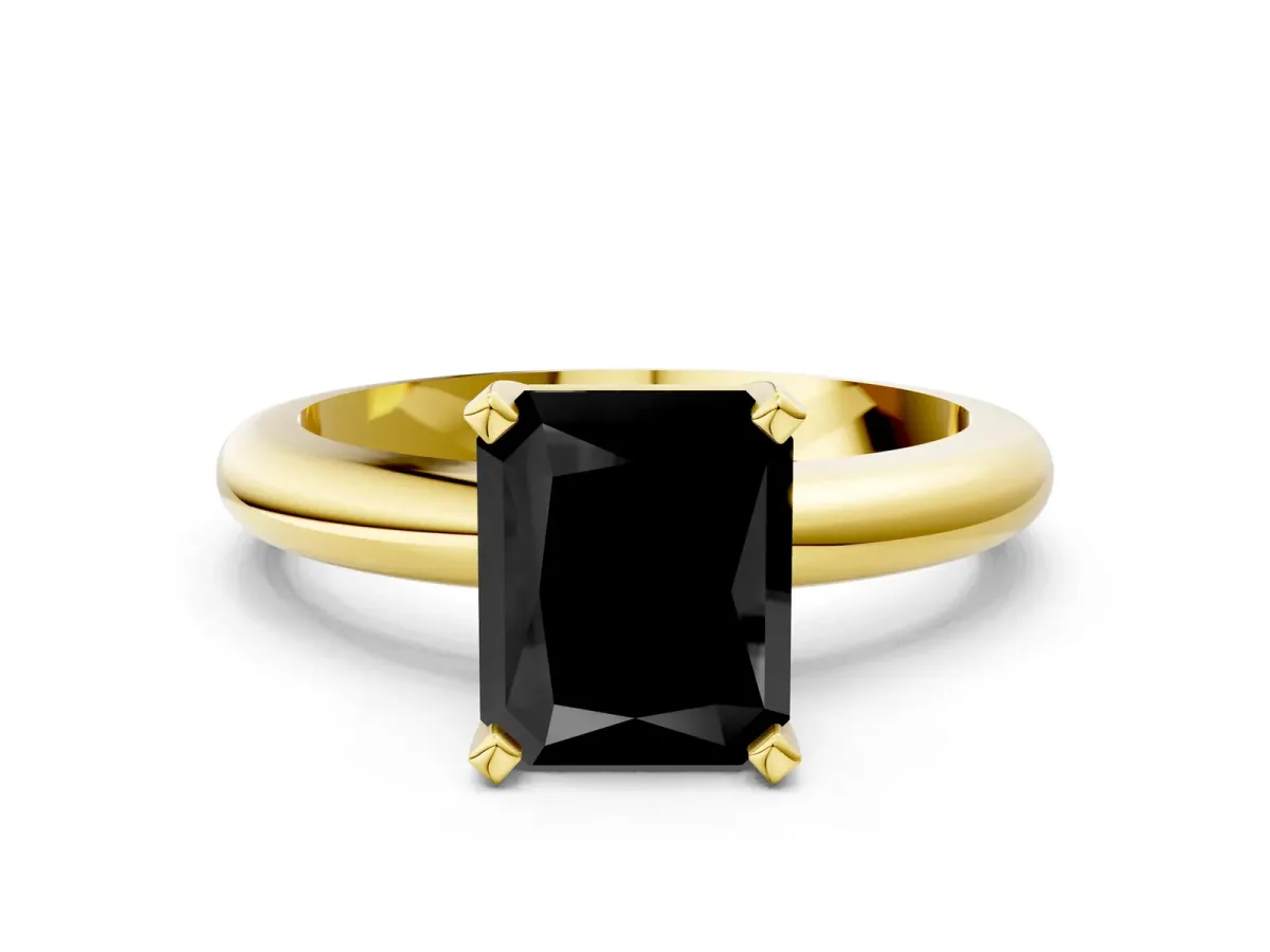 Fancy Black Radiant Cut Diamond Solitaire Engagement Ring with Round Band and Four-Prong Setting Yellow gold