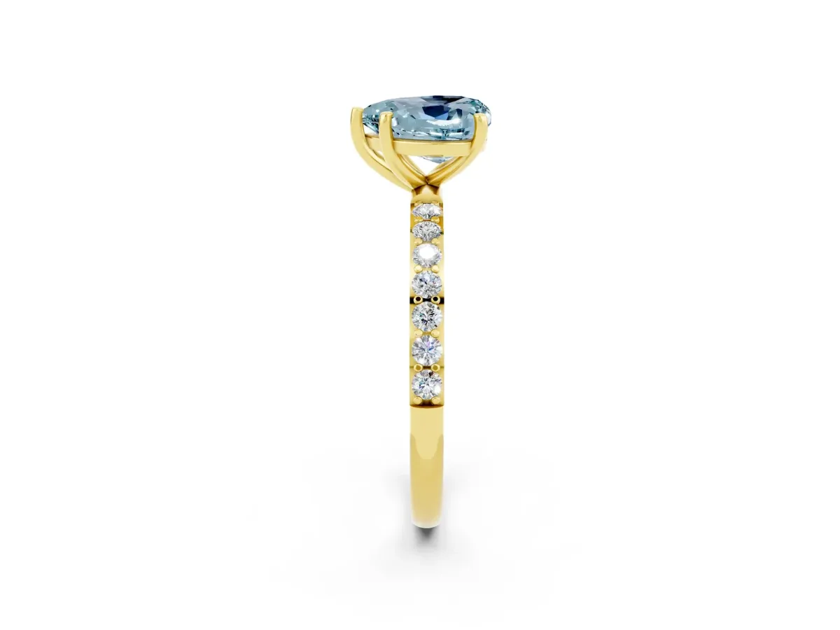 Heart Cut Aquamarine Solitaire Ring with Round Pavé Band and Prong Setting Yellow gold