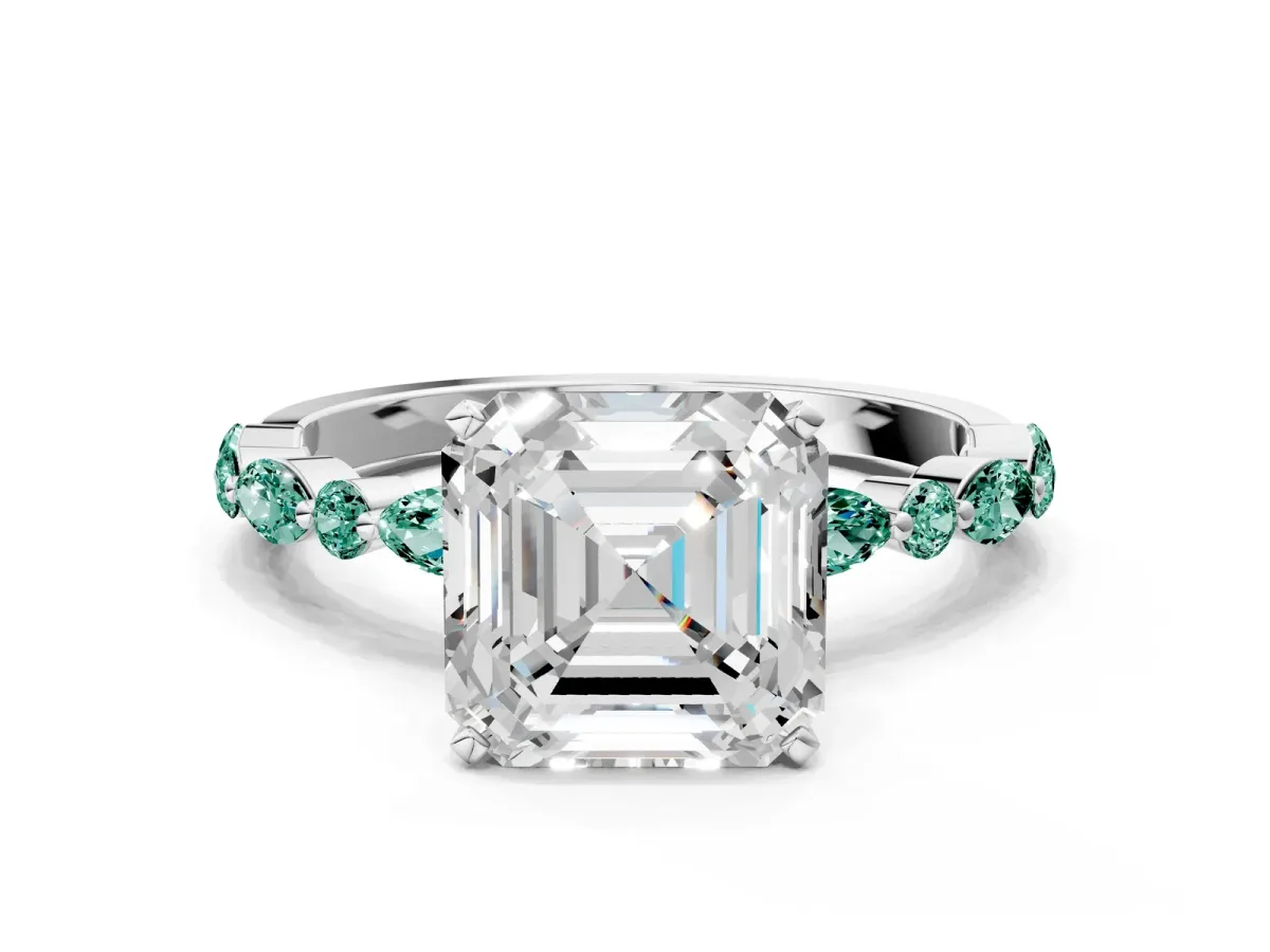 Asscher Cut Diamond Ring with Marquise and Round Green Sapphire Side Stones and Four-Prong Setting White gold