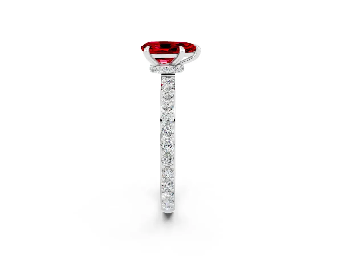 Pear Cut Ruby Solitaire Engagement Ring with Pavé Band and Four-Prong Setting Platinum
