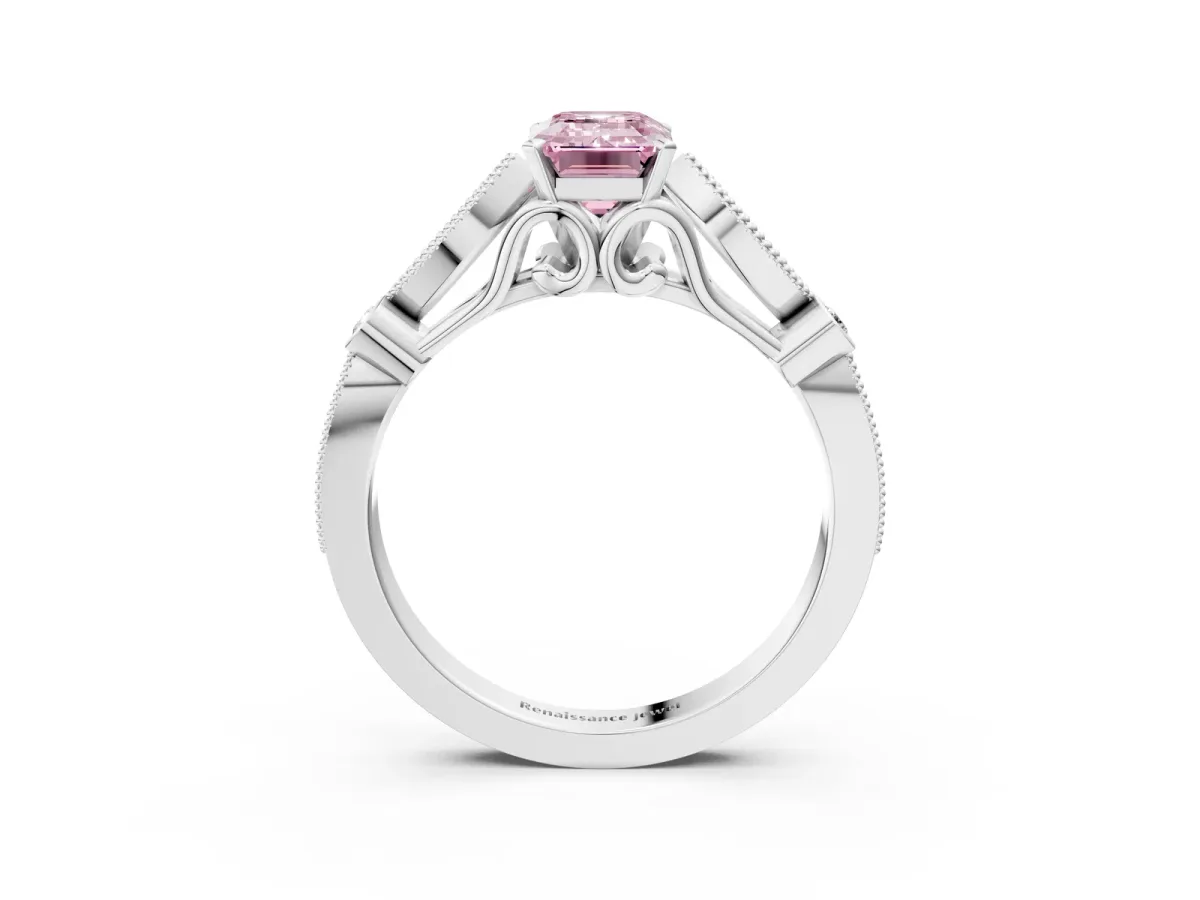 Fancy Pink Emerald Cut Cut Diamond with Milgrain Marquise and Bezel Accents on a Solitaire Band with Prong Setting Silver