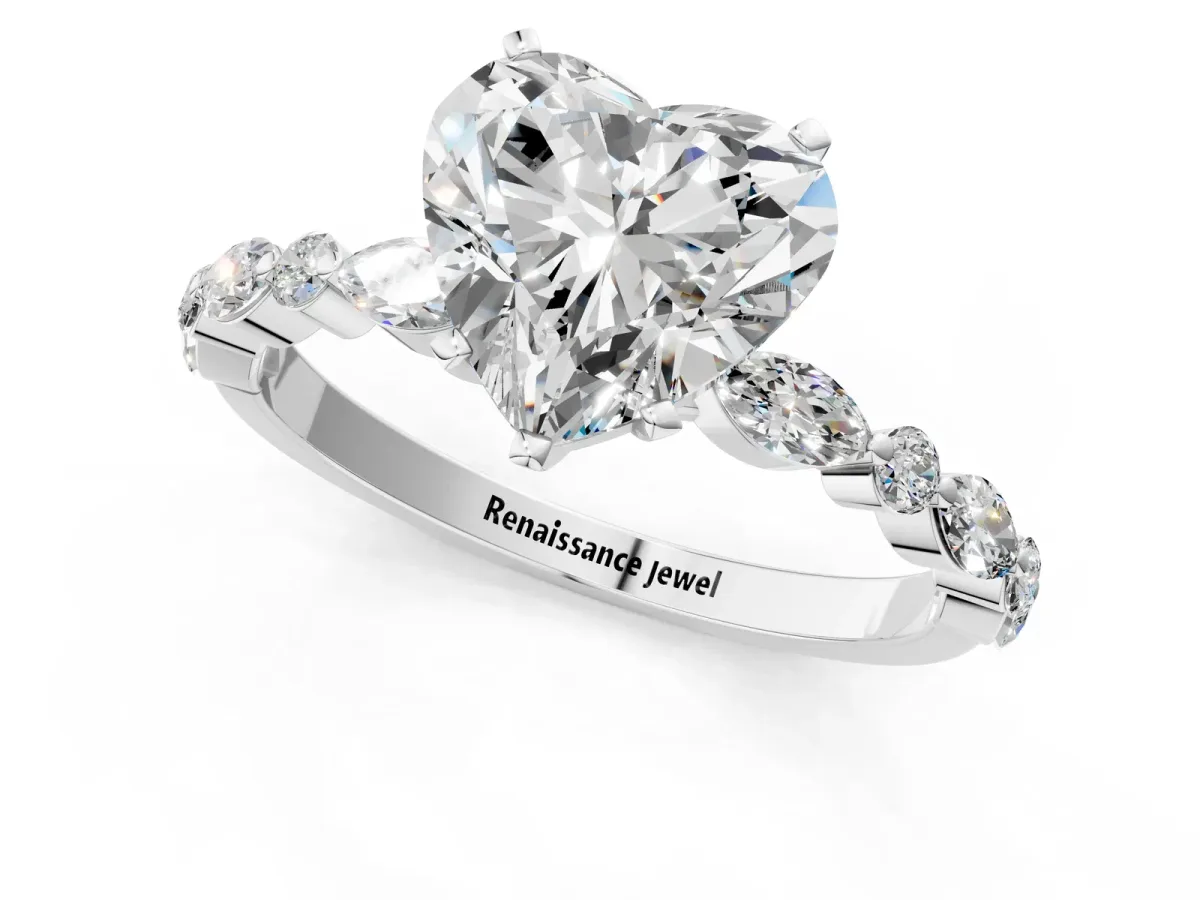 Heart Cut Diamond Ring with Marquise and Round Side Stones and Four-Prong Setting White gold