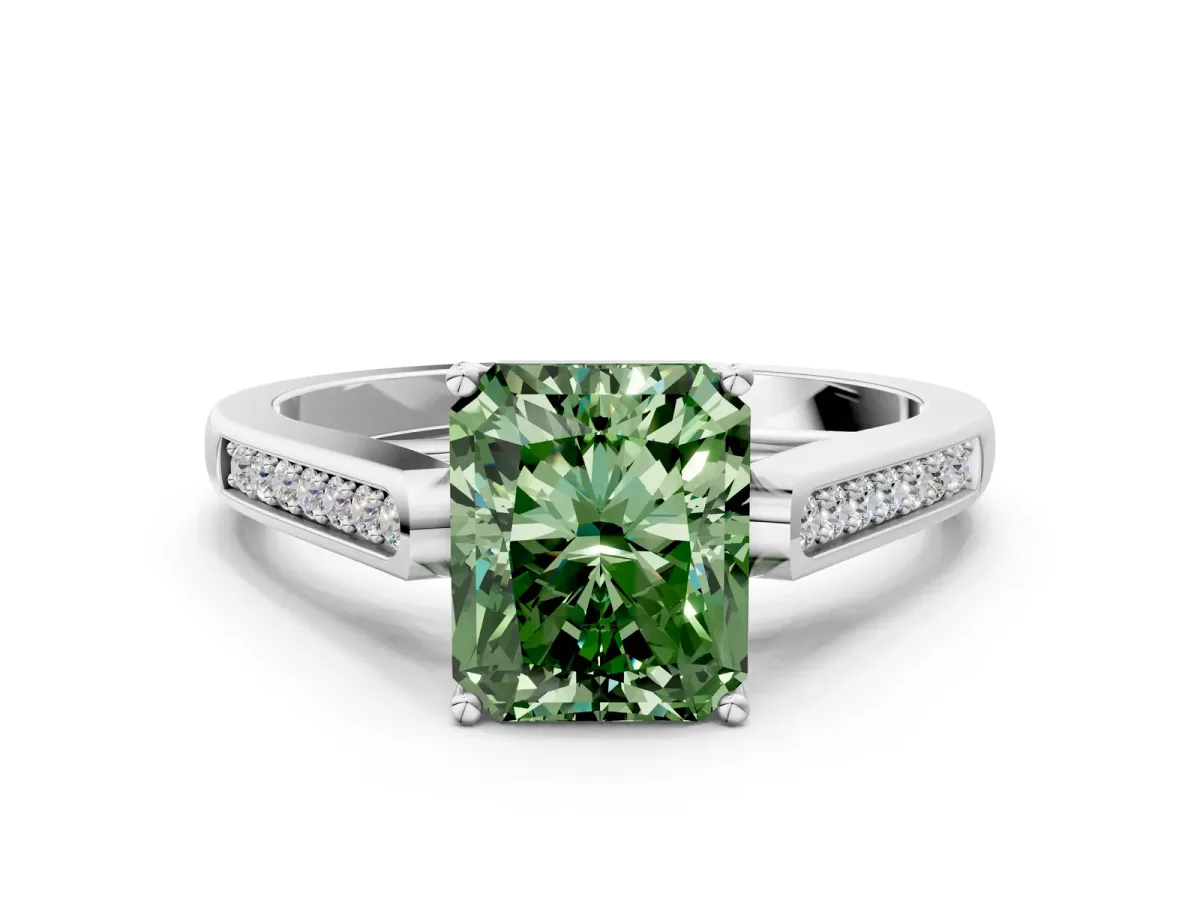 Fancy Green Radiant Cut Solitaire Cathedral Diamond Engagement Ring with Channel-Set Band and Four-Prong Setting Platinum