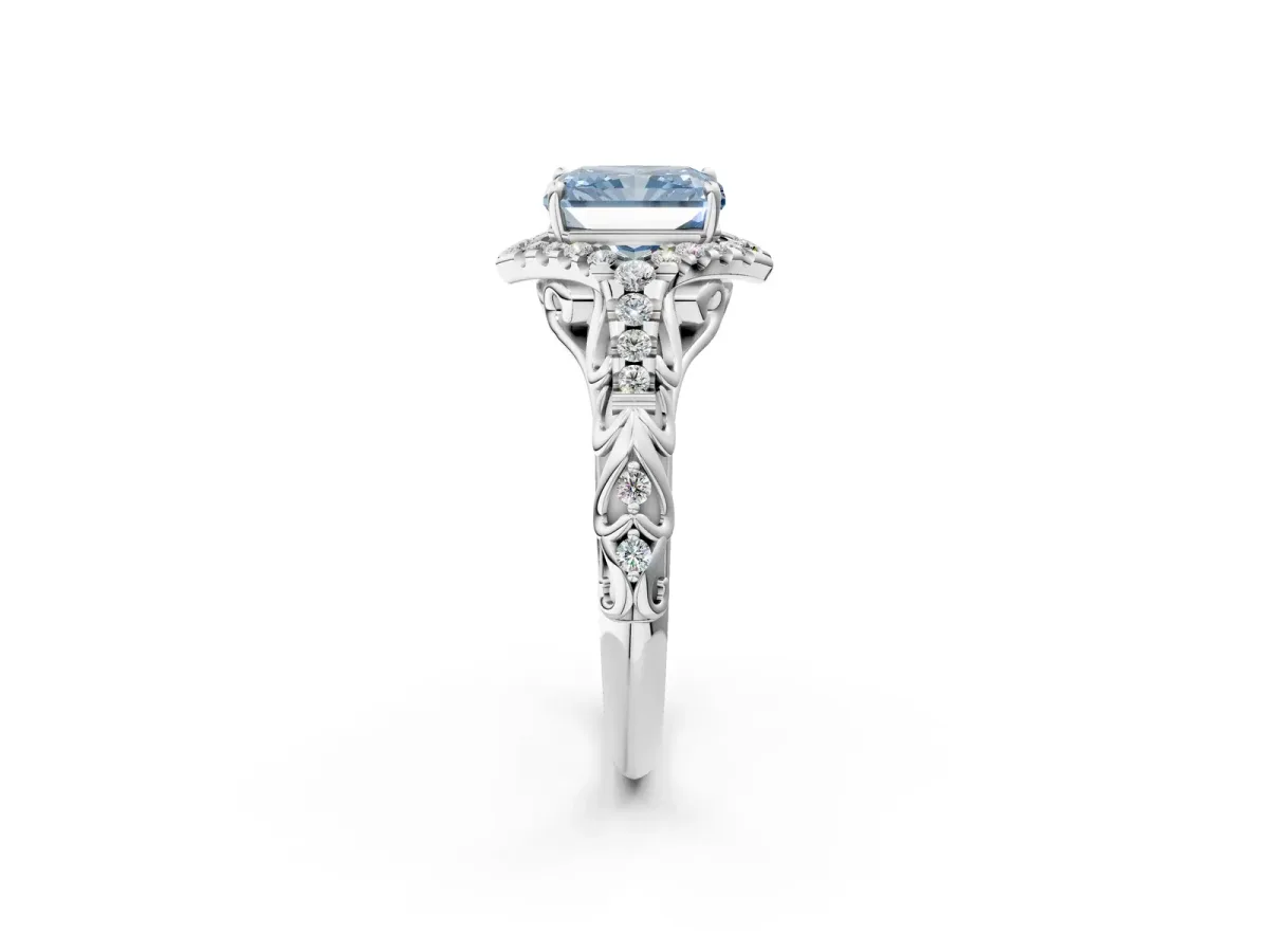 Fancy Blue Radiant Cut Diamond Solitaire Ring with Hidden Halo and Pavé Band White gold