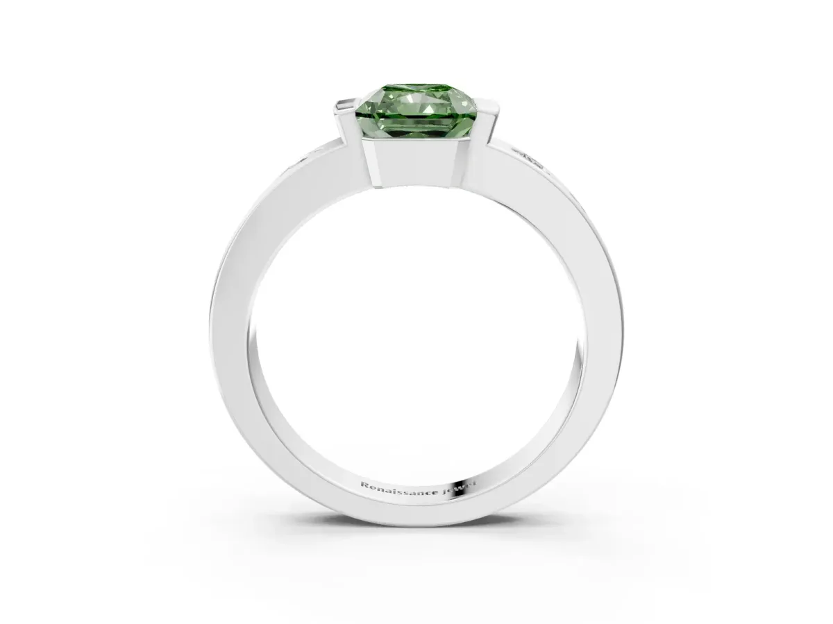 Fancy Green Radiant Cut Brilliant Channel-Set Diamond Ring with Bezel Prong Setting Platinum
