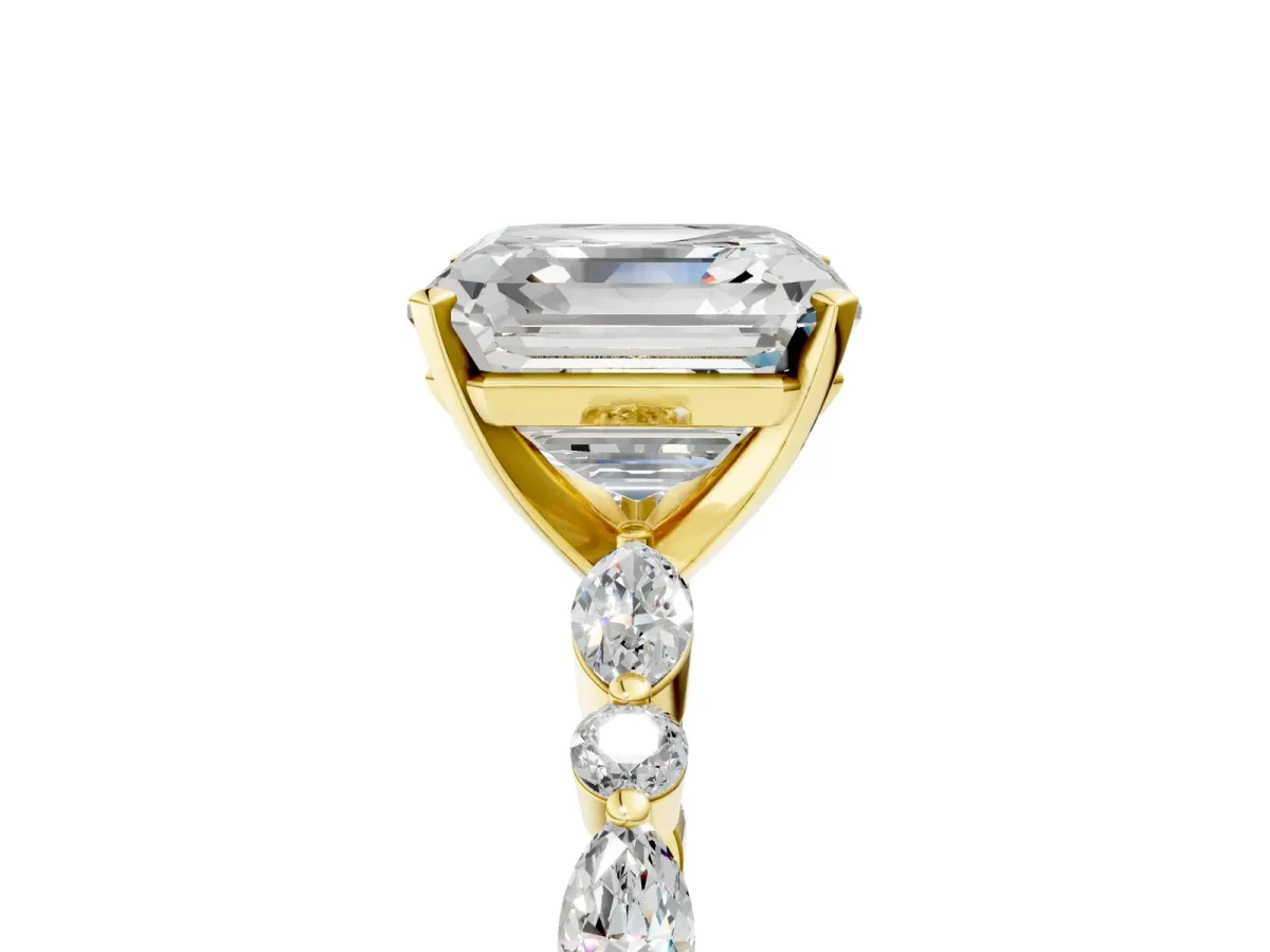 Asscher Cut Diamond Ring with Marquise and Round Side Stones and Four-Prong Setting Yellow gold