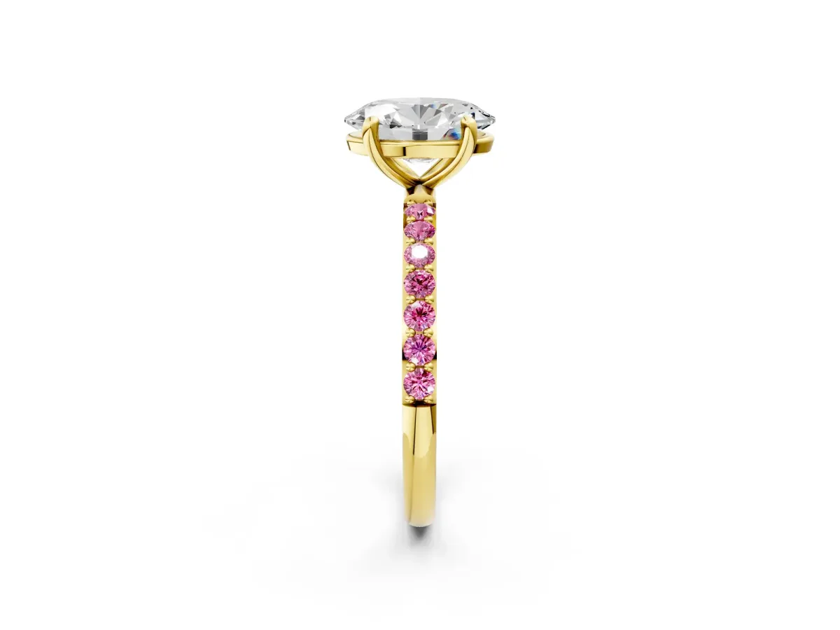 Oval Cut Diamond Solitaire Ring with Round Pink Sapphire Pavé Band and Prong Setting Yellow gold