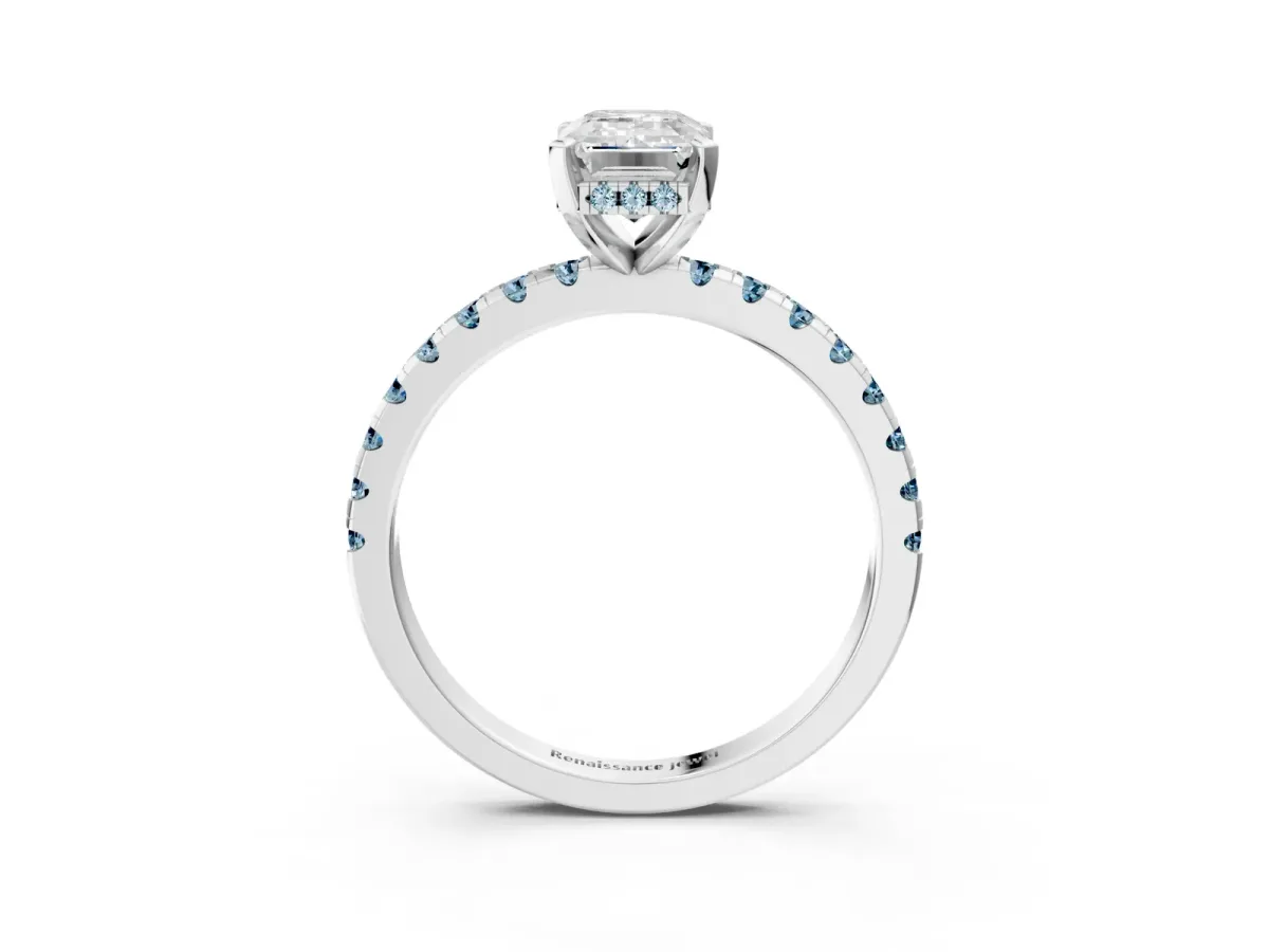 Emerald Cut Diamond Solitaire Ring with Round Aquamarine Pavé Band and Four-Prong Setting White gold