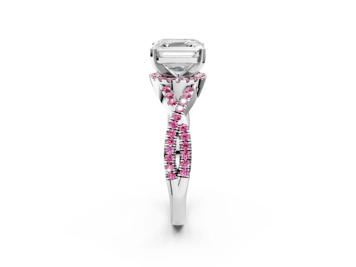 Asscher Cut Diamond Pink Sapphire Halo Twist Band Solitaire Prong Setting Ring White gold