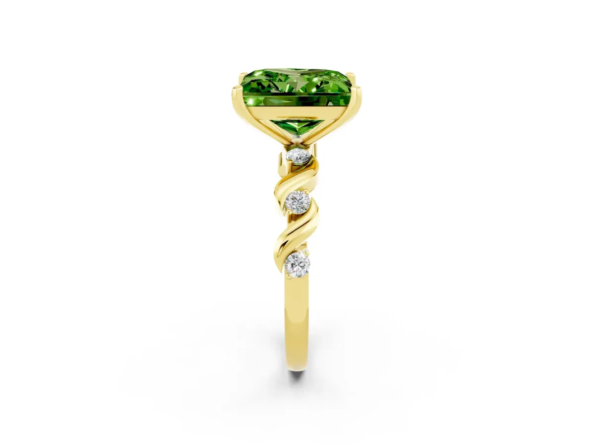Princess Cut Peridot Solitaire Twisted Band with Round Accents and Prong Setting Yellow gold