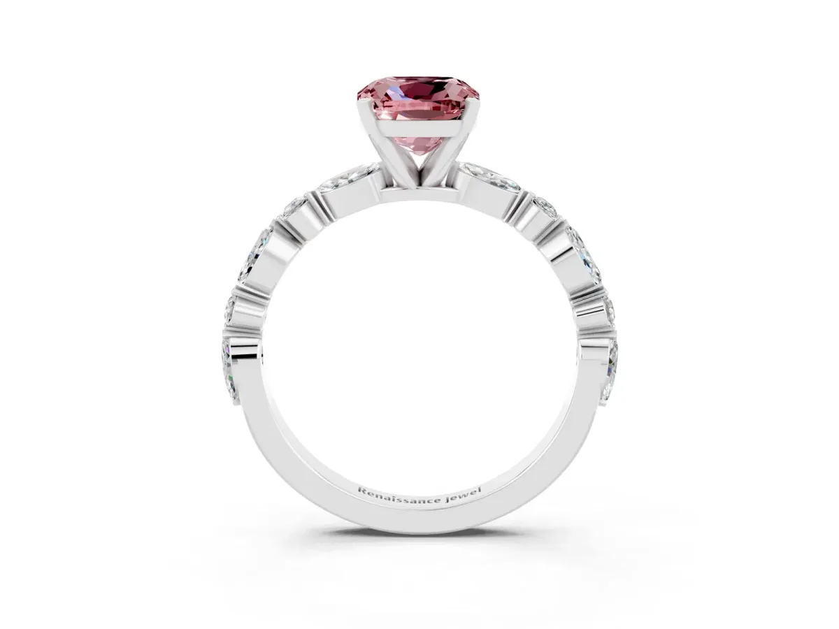 Cushion Cut Morganite Ring with Marquise and Round Side Stones and Four-Prong Setting White gold