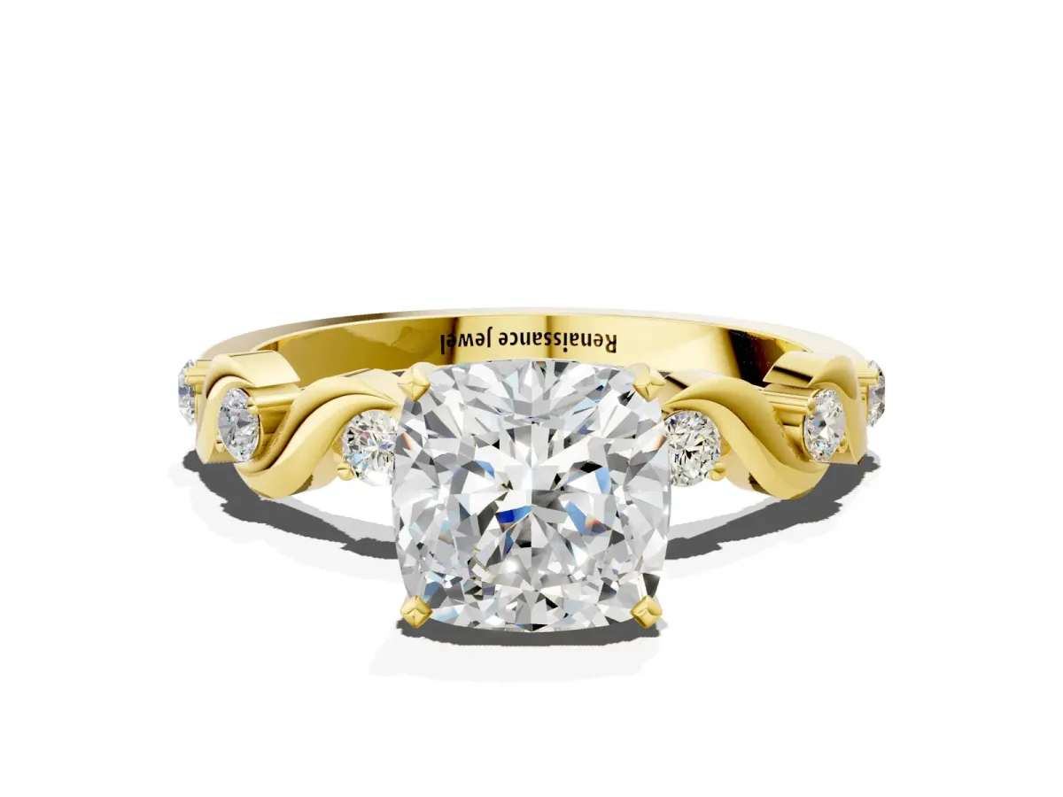 Cushion Cut Diamond Solitaire Twisted Band with Round Accents and Prong Setting Yellow gold