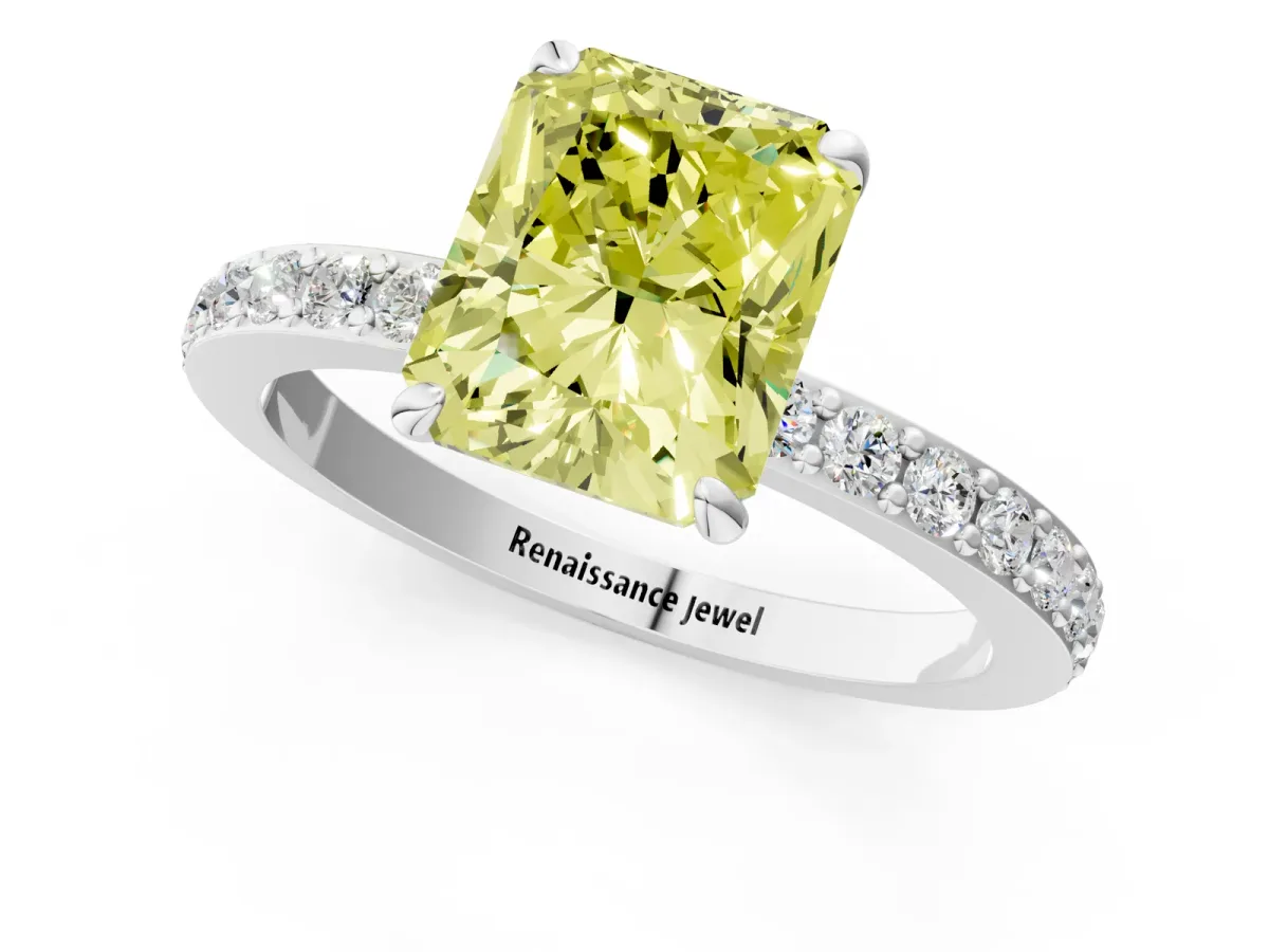Fancy Yellow Radiant Cut Diamond Solitaire Engagement Ring with Pavé Band and Four-Prong Setting White gold