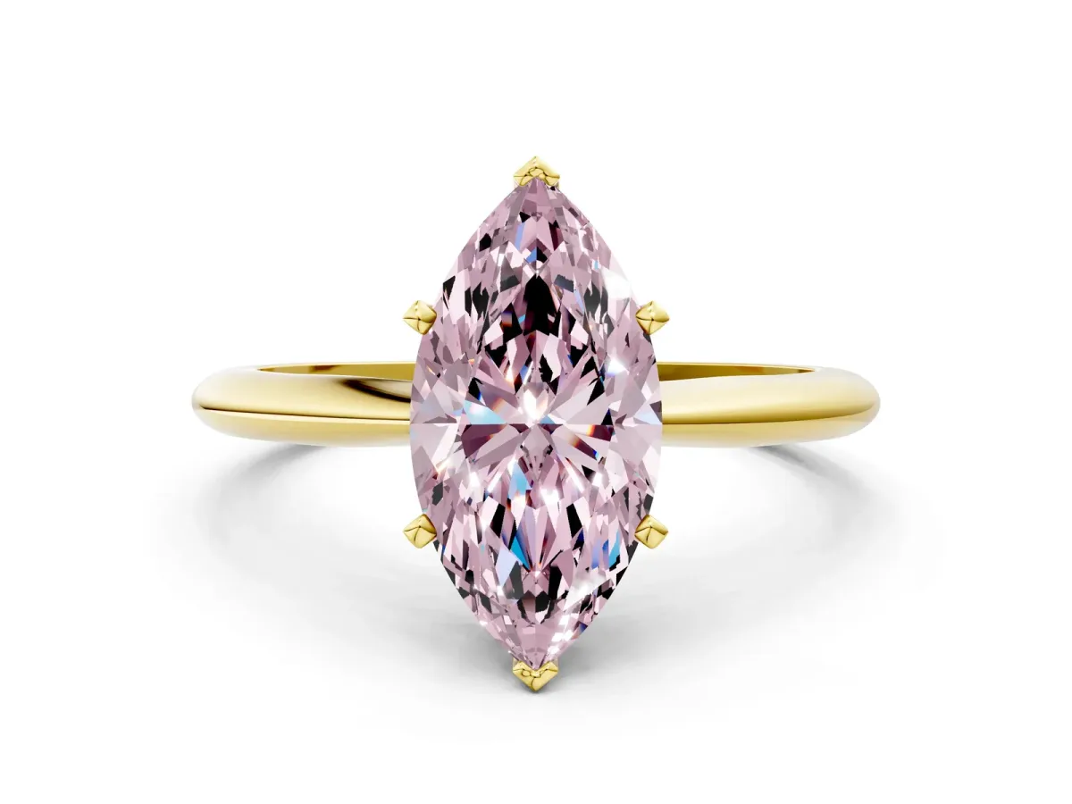 Fancy Pink Marquise Cut Diamond Solitaire Engagement Ring with Classic Band and Four-Prong Setting Yellow gold