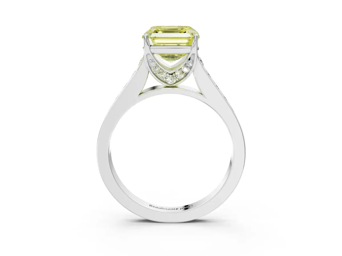 Fancy Yellow Asscher Cut Brilliant Cut Diamond Engagement Ring with Pavé Band and Four-Prong Setting Platinum