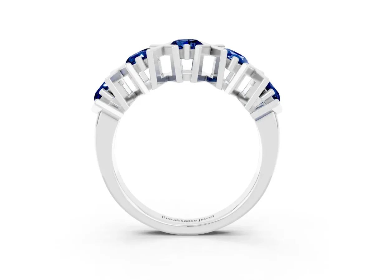 Round Blue Sapphire Channel Set Band with X-Prong Detail White gold