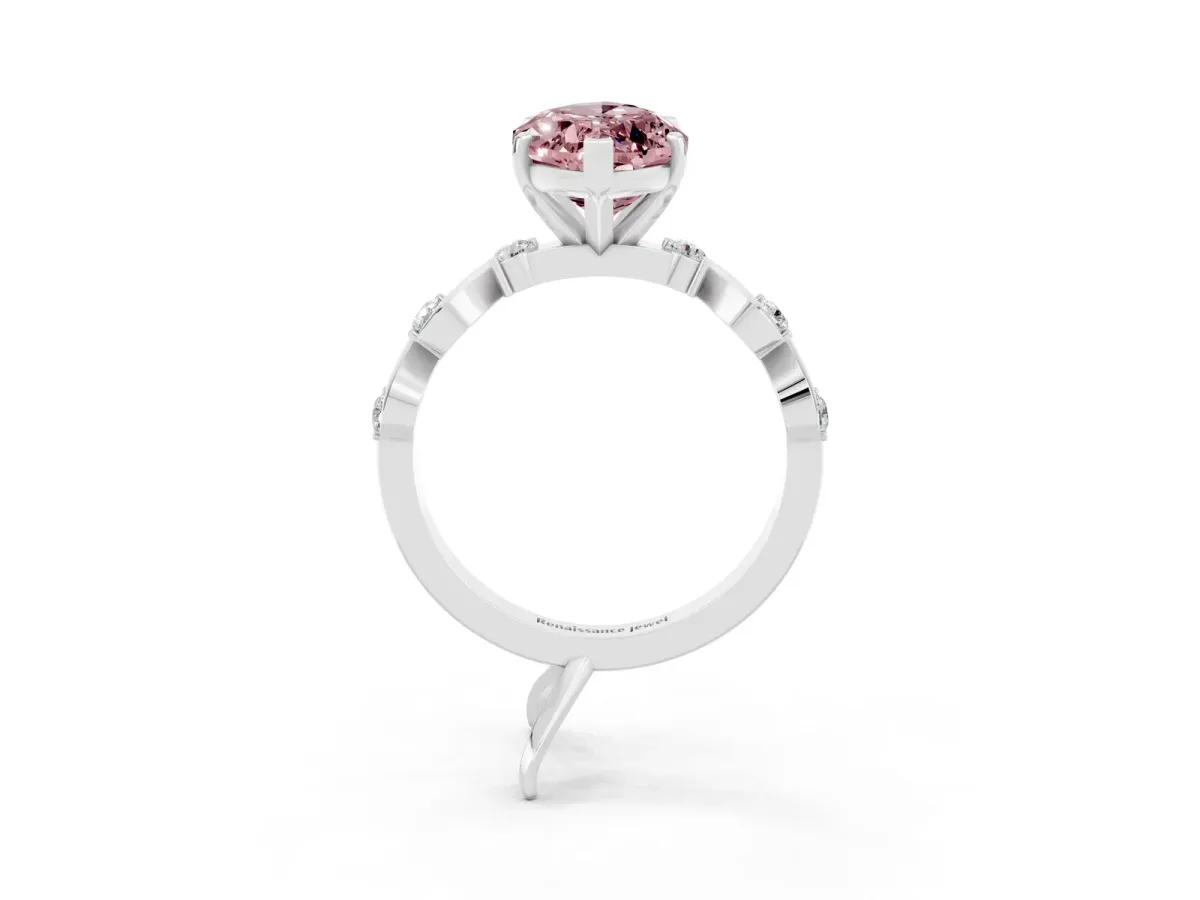 Marquise Cut Morganite Solitaire Twisted Band with Round Accents and Prong Setting White gold