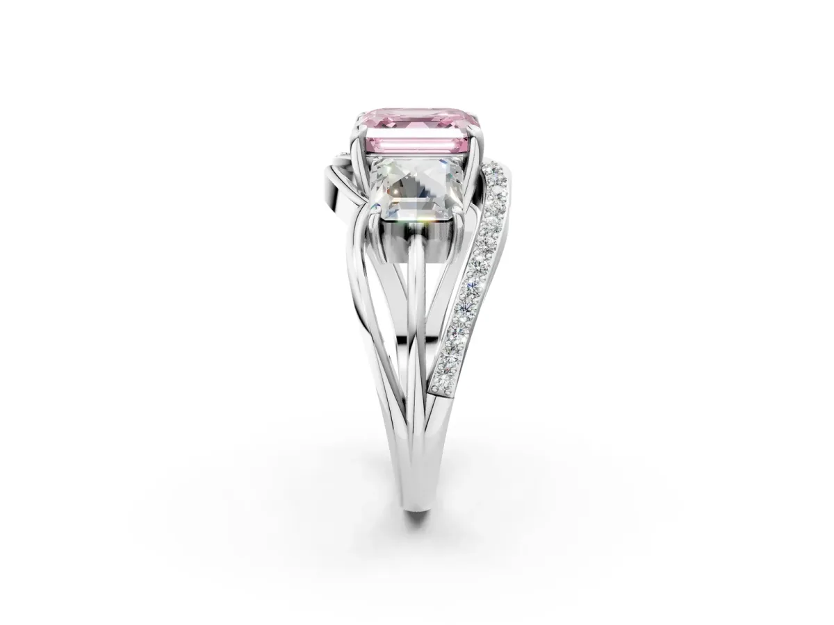 Fancy Pink Three-Stone Asscher Cut Cut Diamond Split Shank Prong Set Ring Platinum