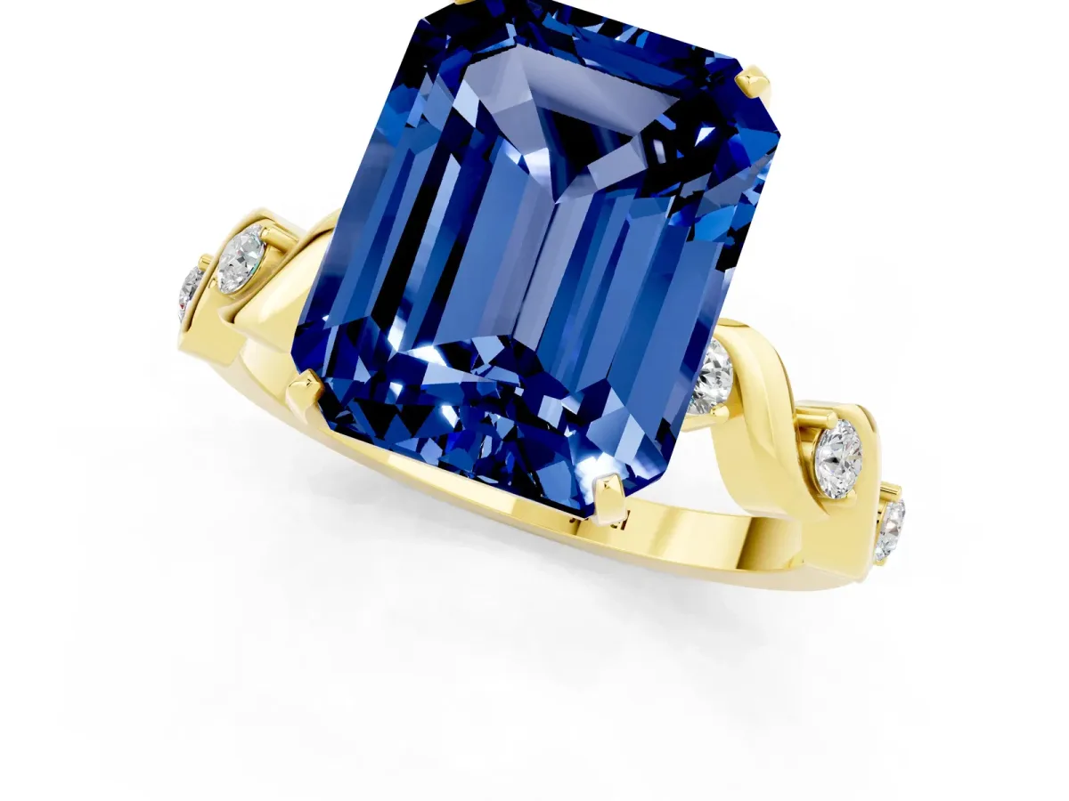 Emerald Cut Blue Sapphire Solitaire Twisted Band with Round Accents and Prong Setting Yellow gold