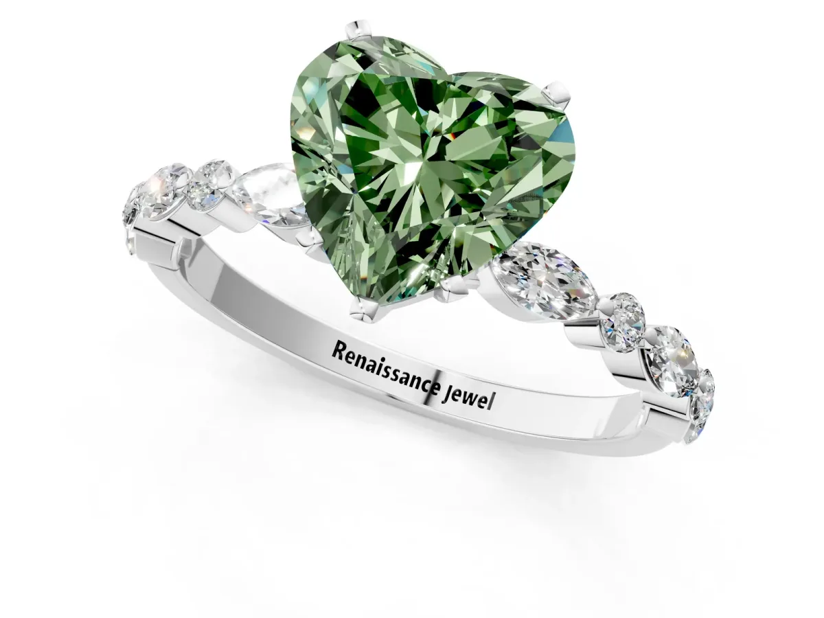 Fancy Green Heart Cut Diamond Ring with Marquise and Round Side Stones and Four-Prong Setting White gold