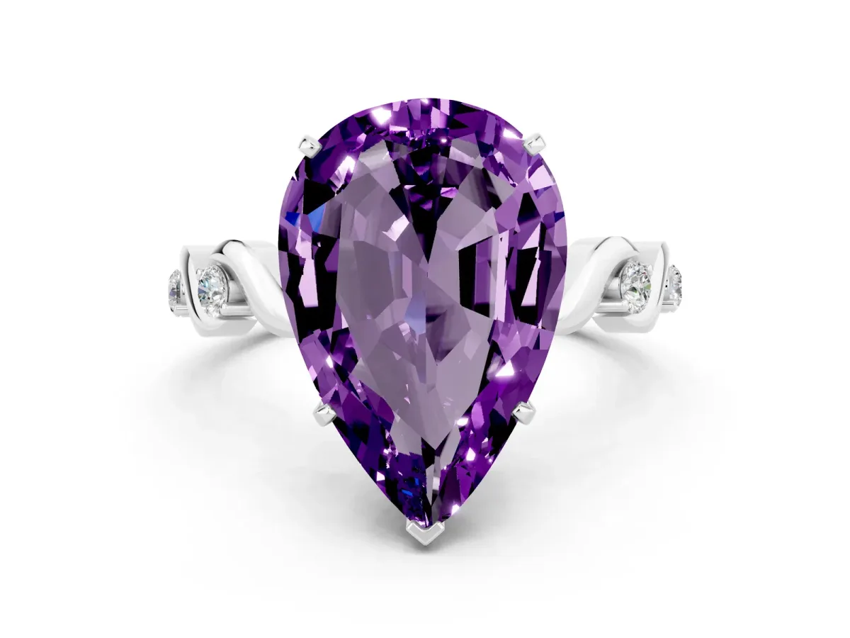 Pear Cut Amethyst Solitaire Twisted Band with Round Accents and Prong Setting Silver